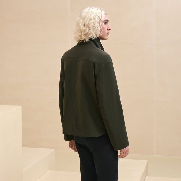 Kaki Straight Cut Jacket With Leather Detail