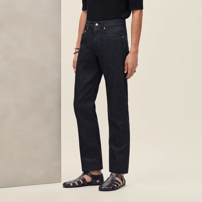 Indigo Straight Cut Jeans With Leather Pocket Detail