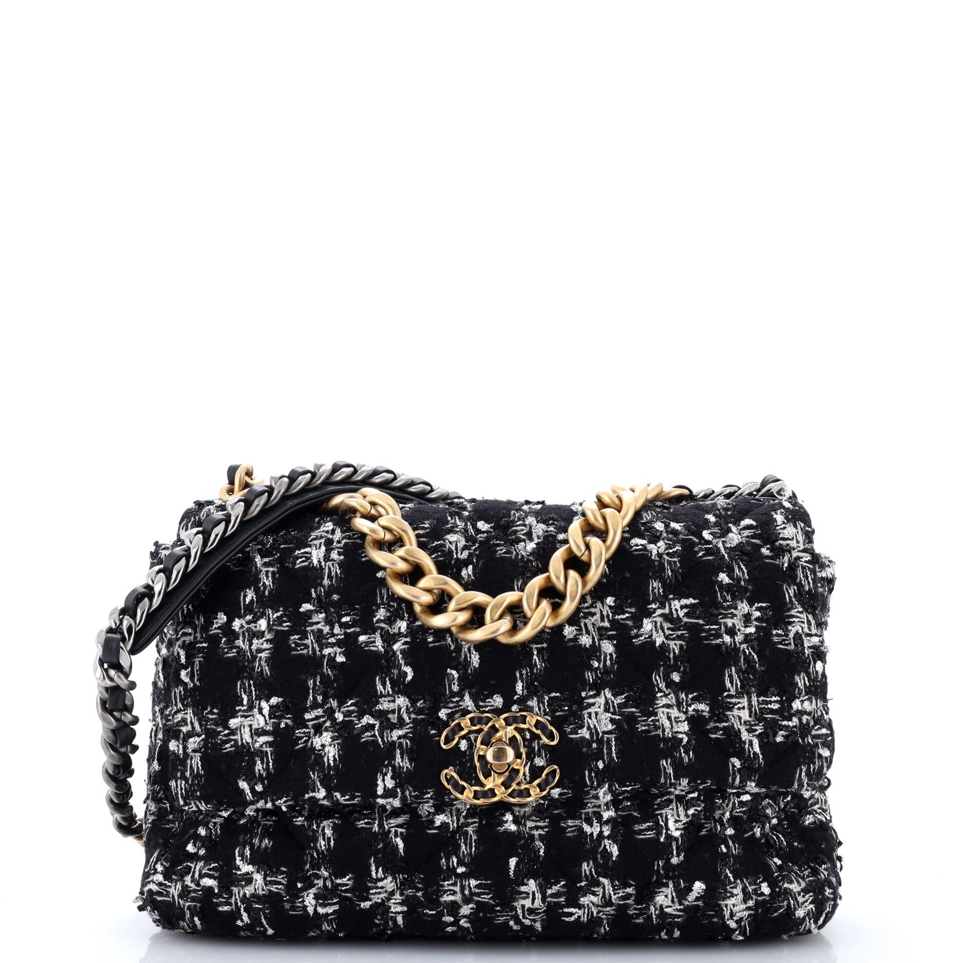 19 Flap Bag Quilted Houndstooth Tweed and Ribbon Large