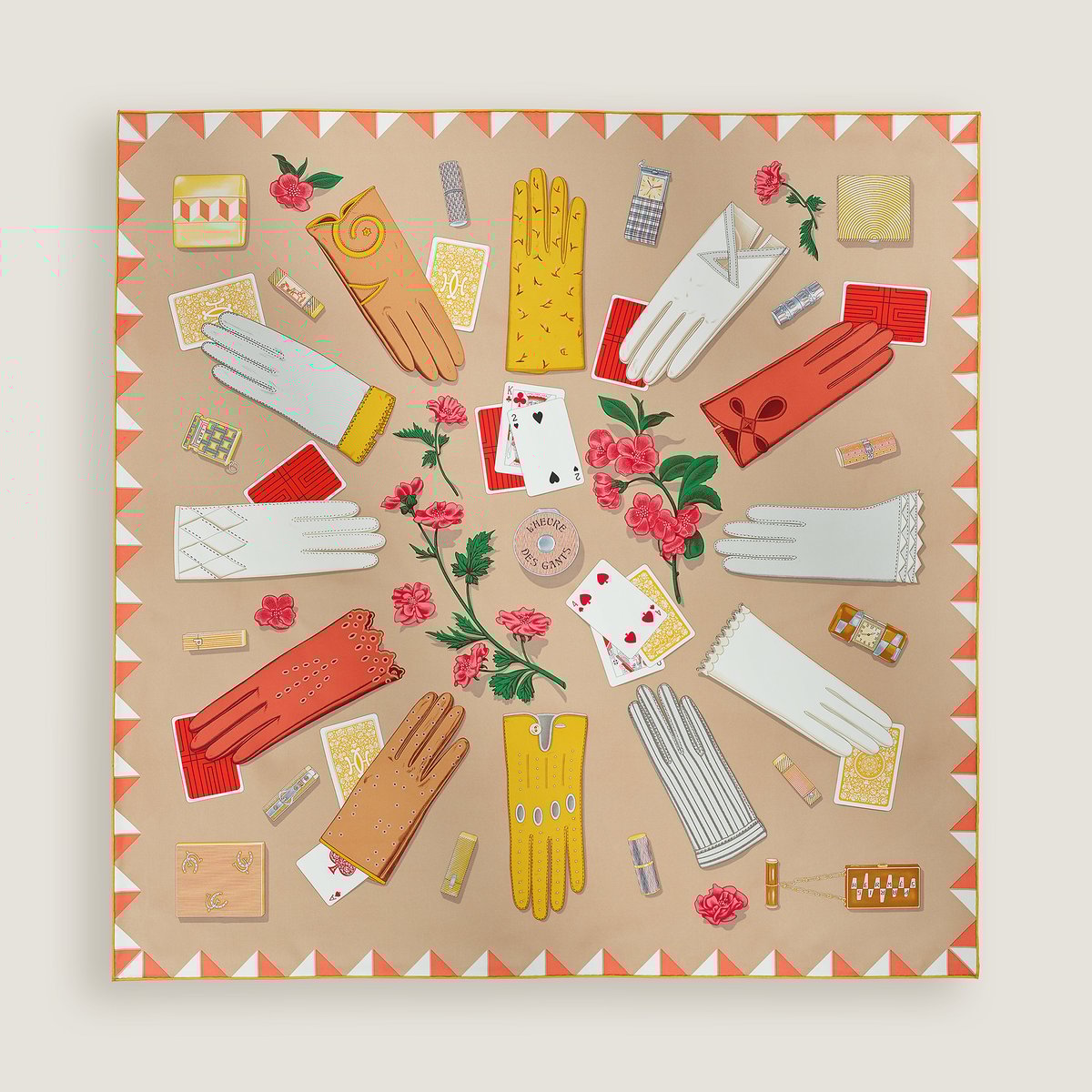 Hermès カレ 90 《手袋の時計》 ベージュ・ドレ/コライユ/ミエル