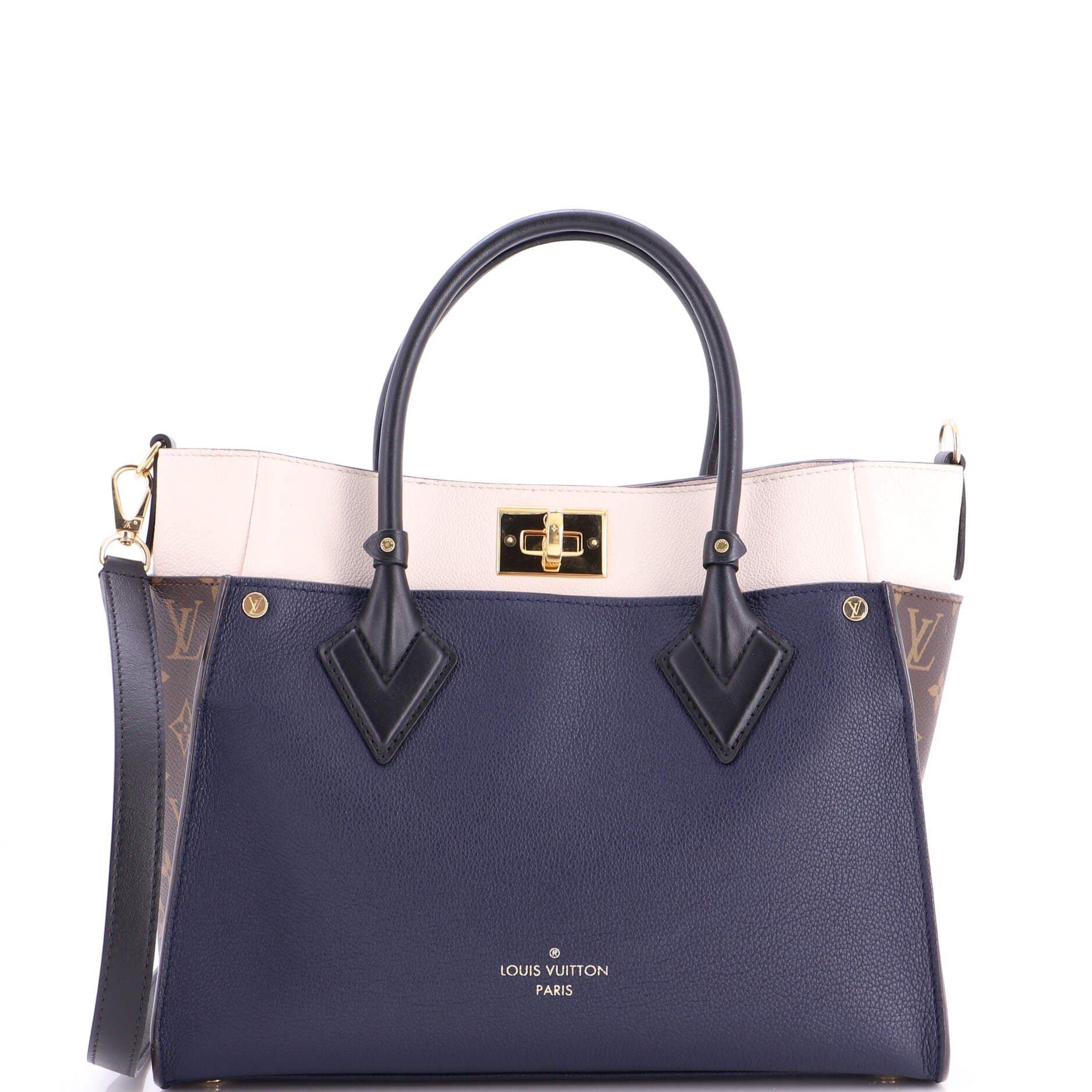 On My Side Tote Leather with Monogram Canvas MM