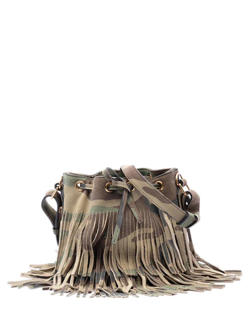 2016 Small Camouflage Print Suede Emmanuelle Fringe bucket bag