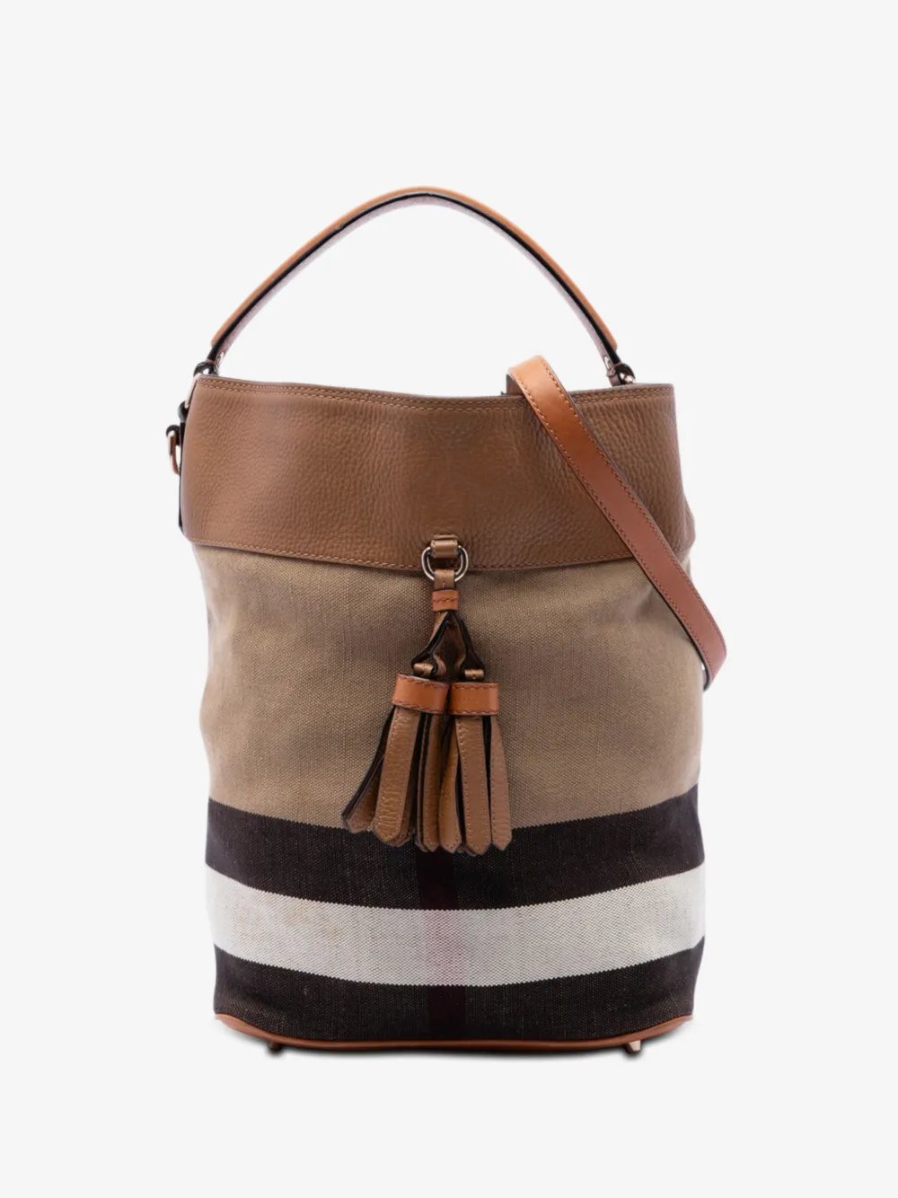 Burberry 2000-2017 Medium Mega Check Canvas and Grained Calfskin Ashby Tassel Bucket Bag satchel
