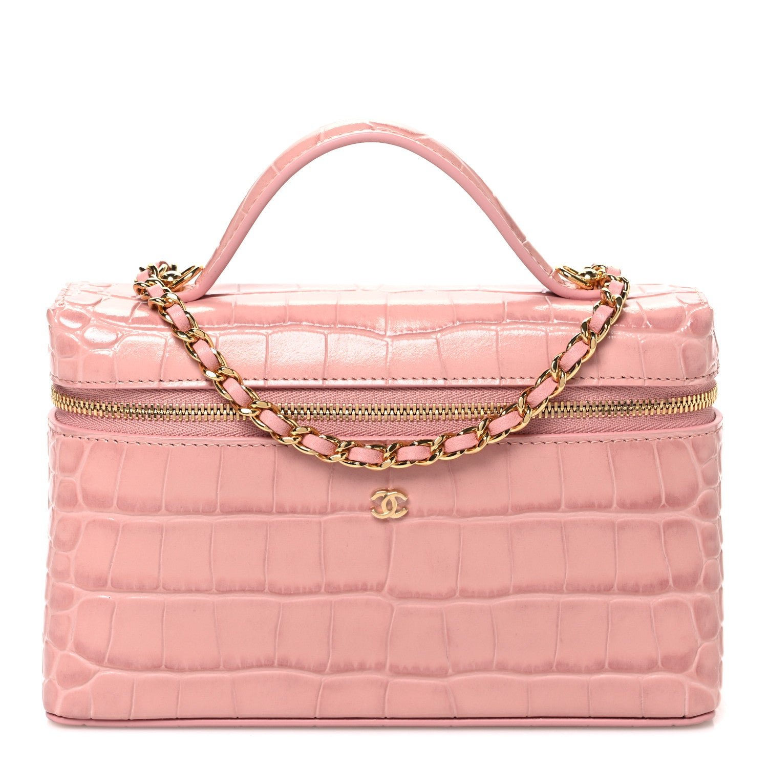 Chanel Calfskin Crocodile Embossed Crococo Exoticoco Vanity With Chain Light Pink