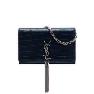 Croc Embossed Leather Monogram Kate Tassel Wallet on Chain