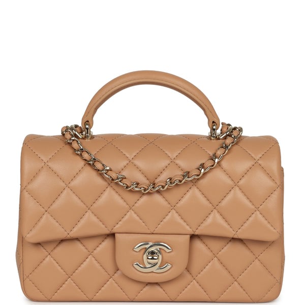Chanel Mini Classic Rectangular Top Handle Flap Bag Beige Lambskin Light Gold Hardware