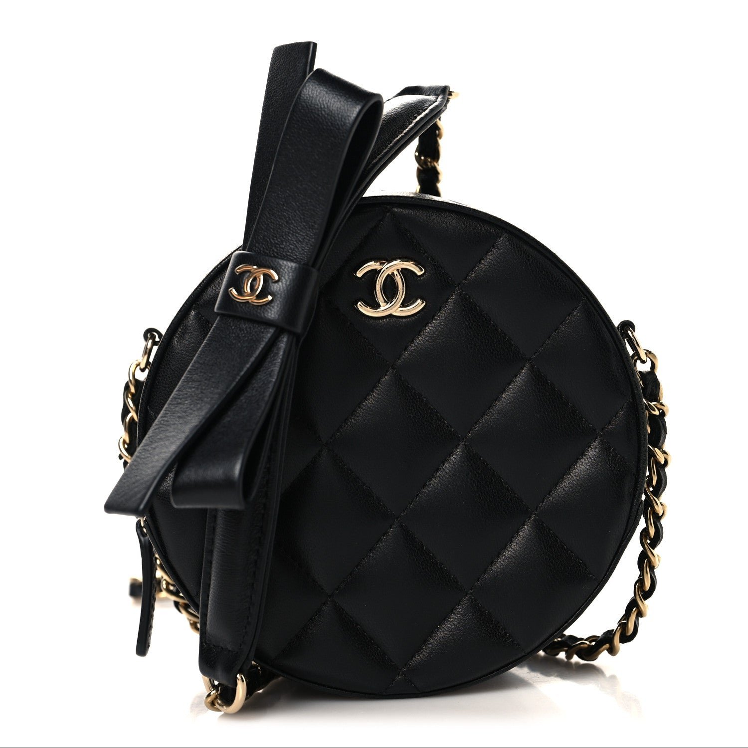 Chanel Lambskin Quilted Coco Bow Round Clutch With Chain Black