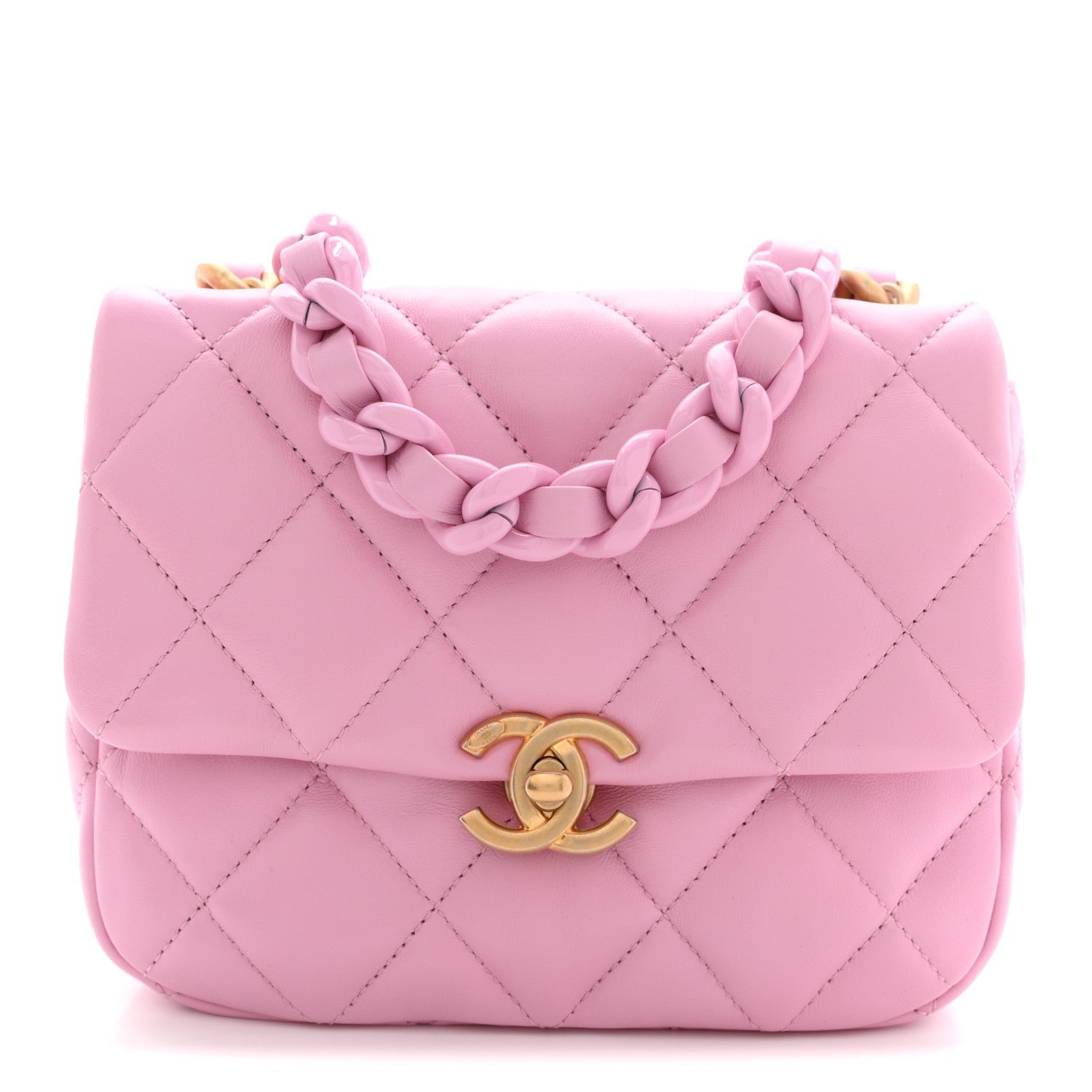 Chanel Lambskin Quilted Mini Lacquered Chain Flap Pink