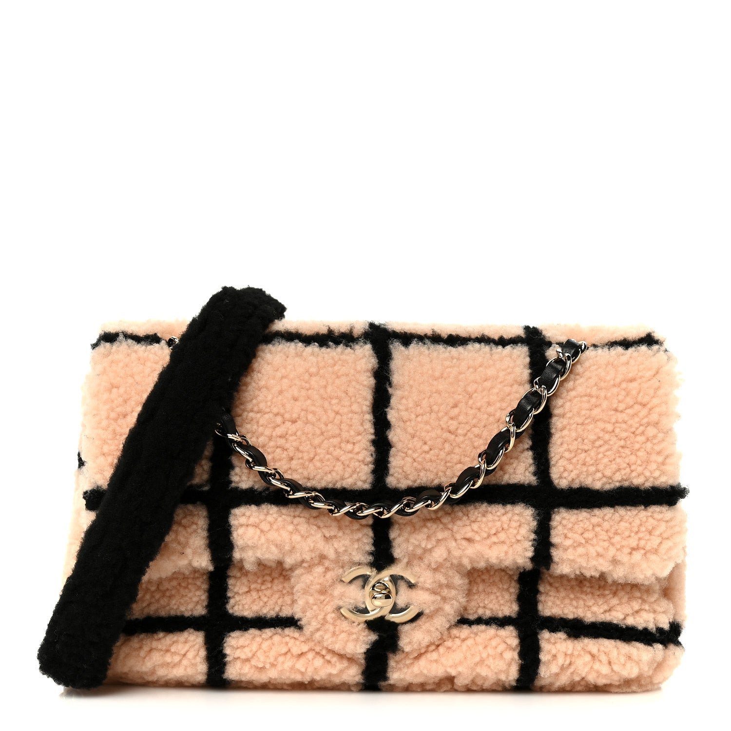Chanel Shearling Lambskin Large Fluffy Tartan Single Flap Pink Black