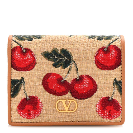 Valentino Garavani Cherryfic Jacquard Raffia Compact Vlogo Wallet Natural Red