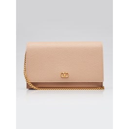 Valentino Beige Grained Leather VLogo Wallet On Chain Clutch Bag