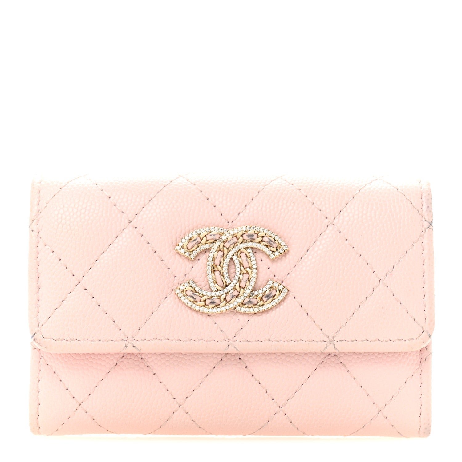 Chanel Caviar Quilted Crystal CC Flap Card Holder Pink