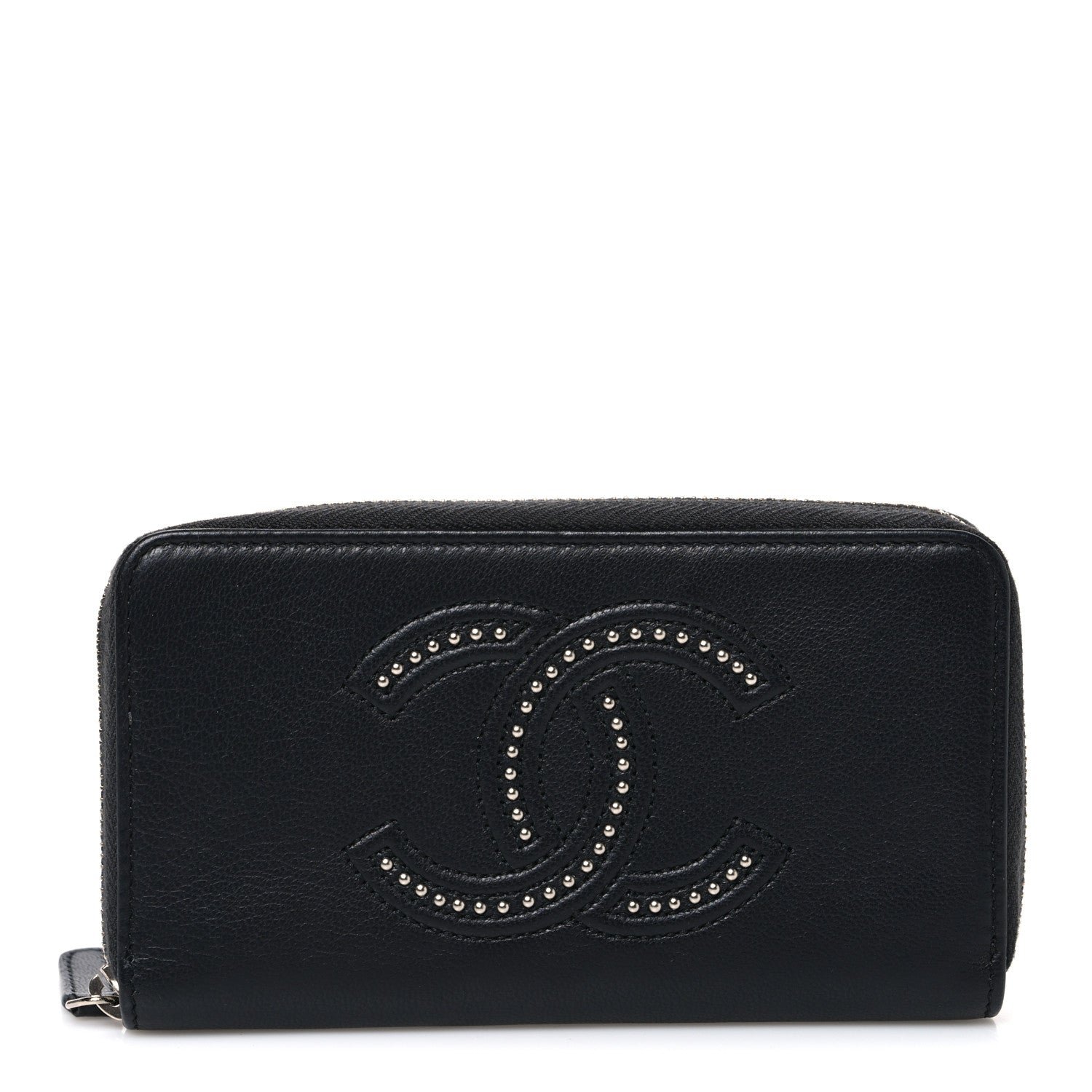 Chanel Lambskin Studded Small Timeless CC Zip Around Wallet Black