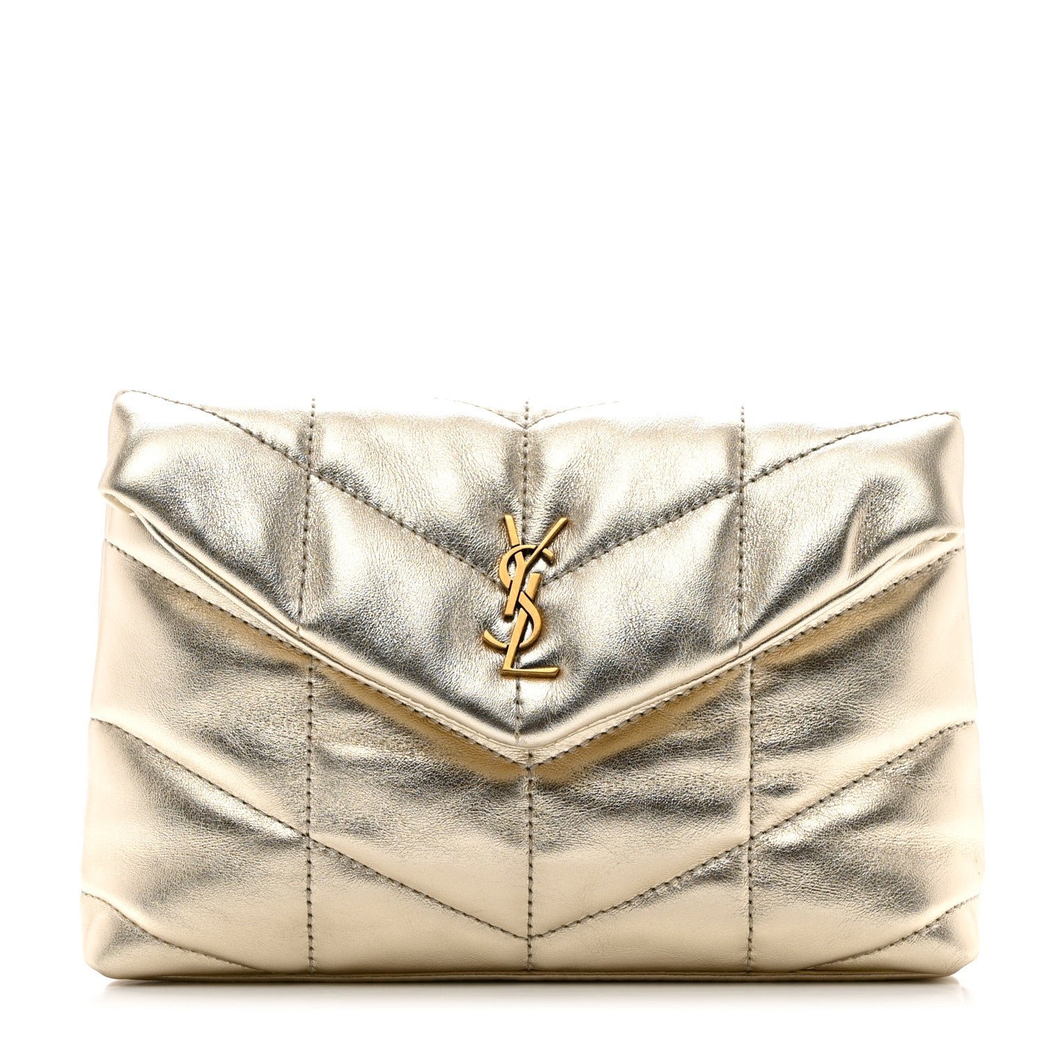 Saint Laurent Metallic Lambskin Monogram Loulou Puffer Pouch Clutch Gold