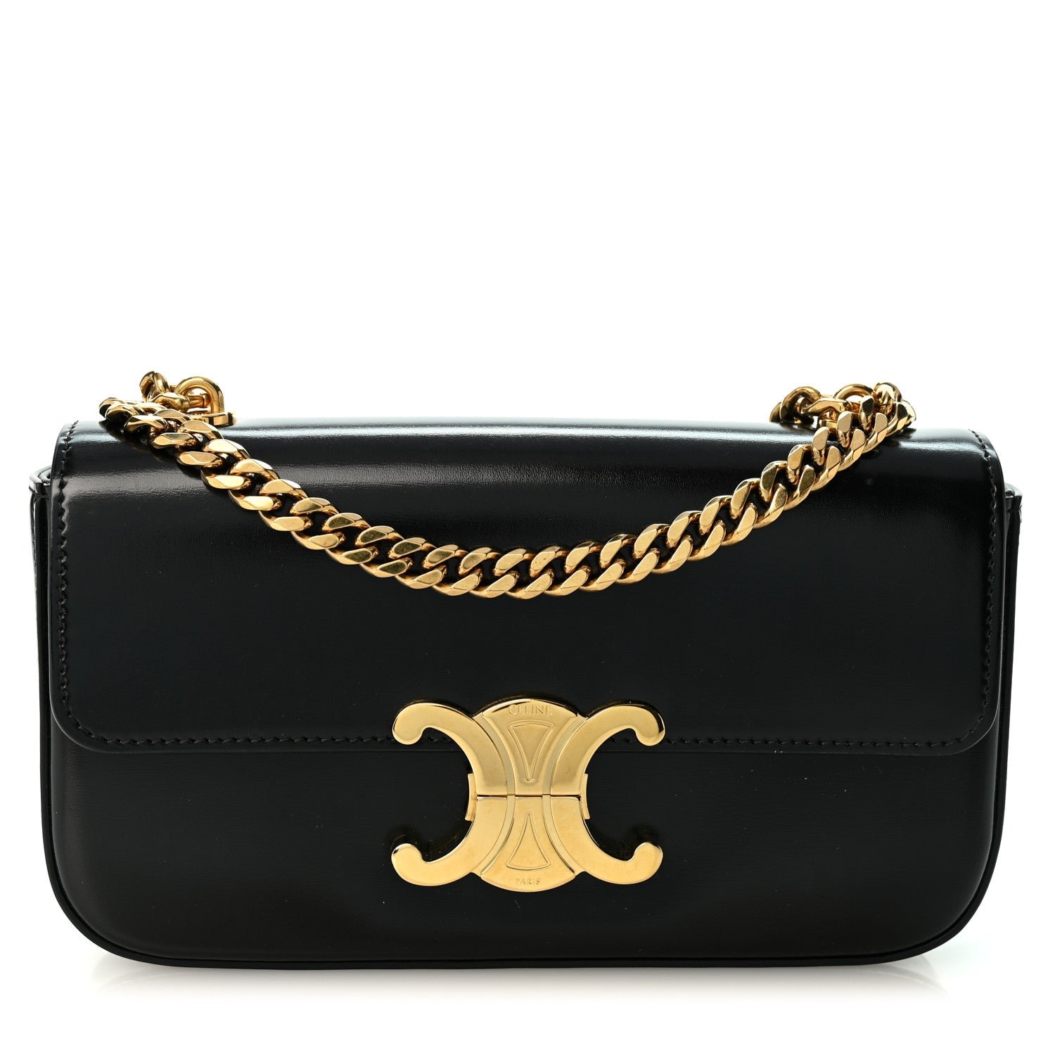 Celine Shiny Calfskin Triomphe Chain Shoulder Bag Black