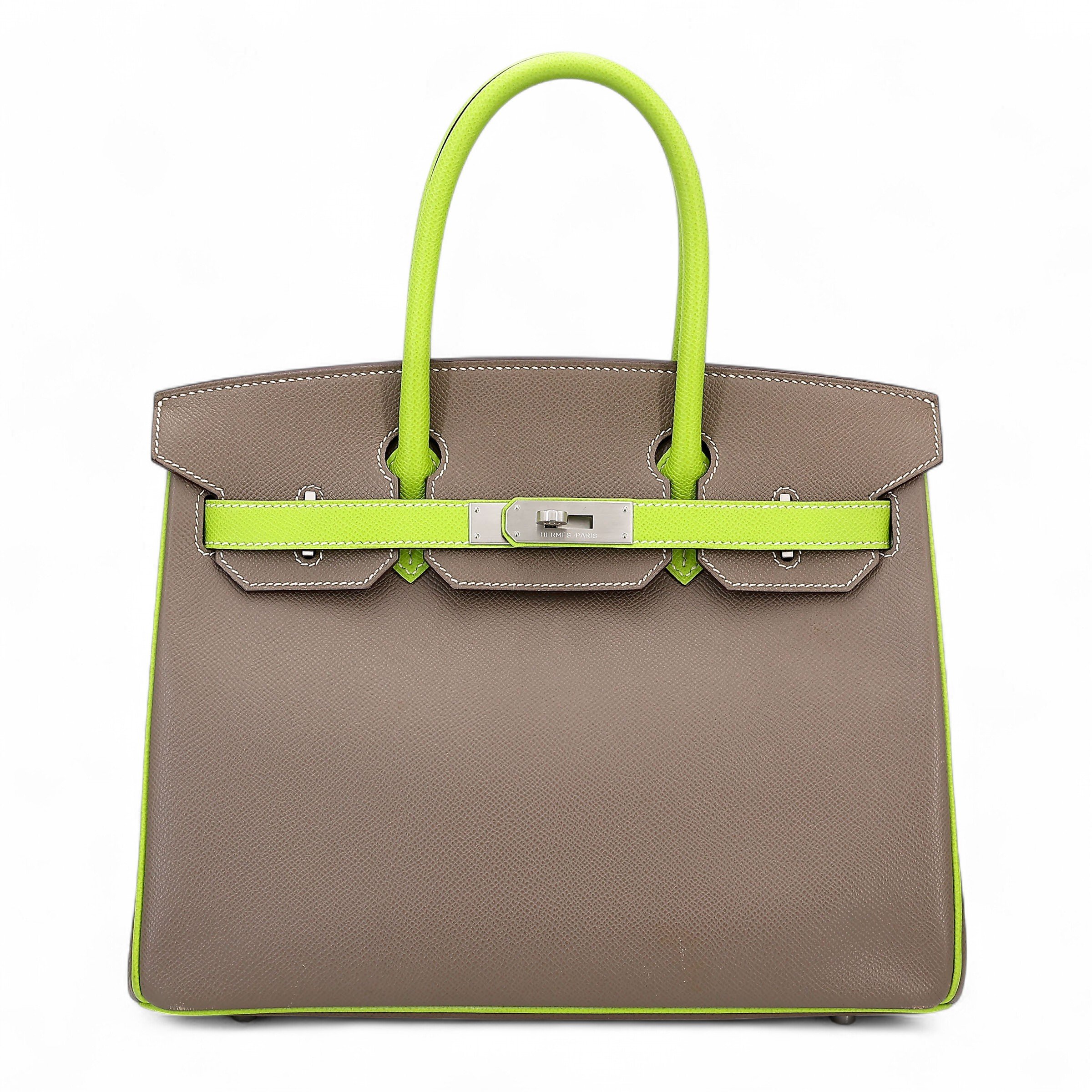 Hermes Very Good ( Rank A) HERMÈS Special Order Birkin 30 HSS Etoupe (18) Kiwi (6R) Epsom Brushed Palladium Square P (2012)