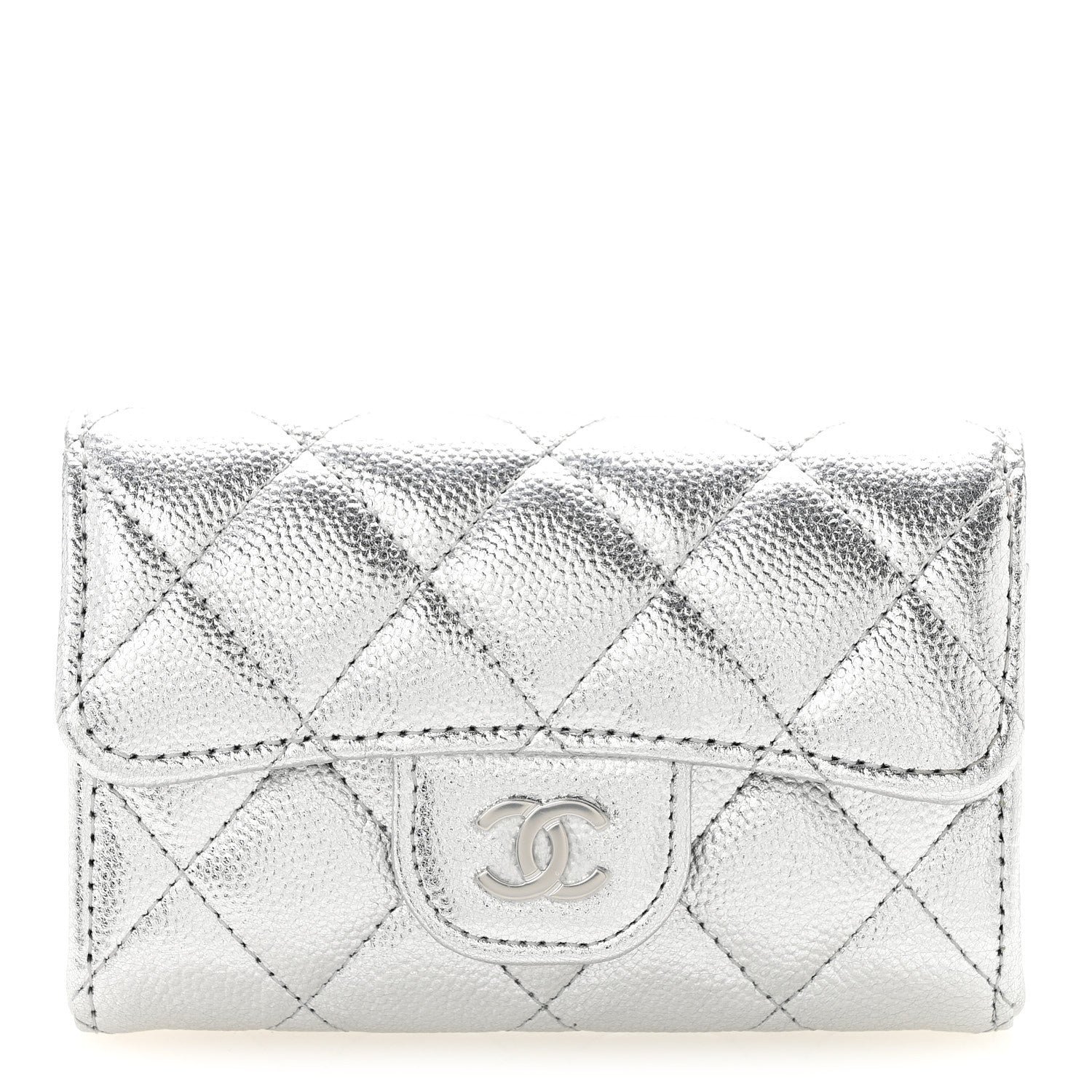 Chanel Glittered Metallic Caviar Quilted Flap Card Holder Wallet Silver