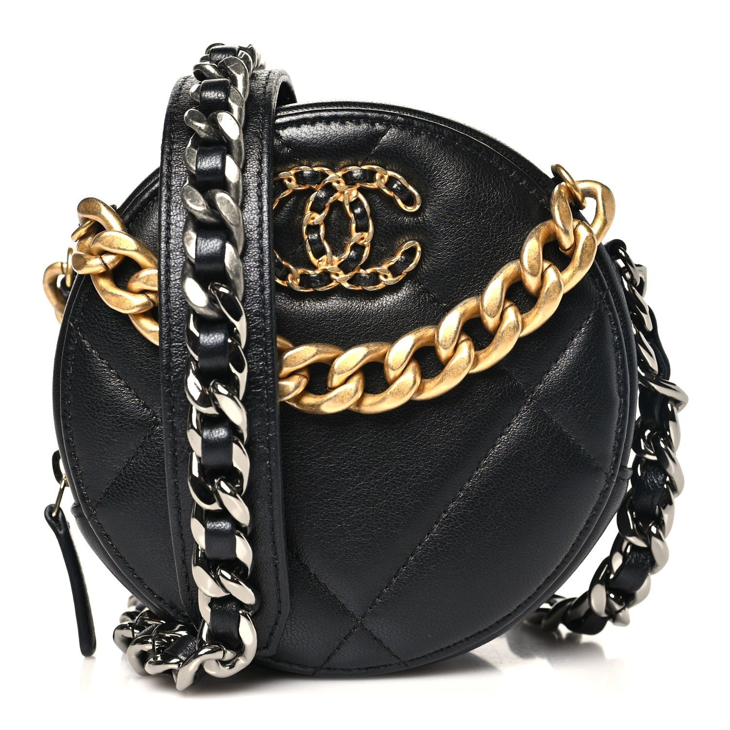 Chanel Lambskin Quilted Chanel 19 Round Clutch With Chain Black