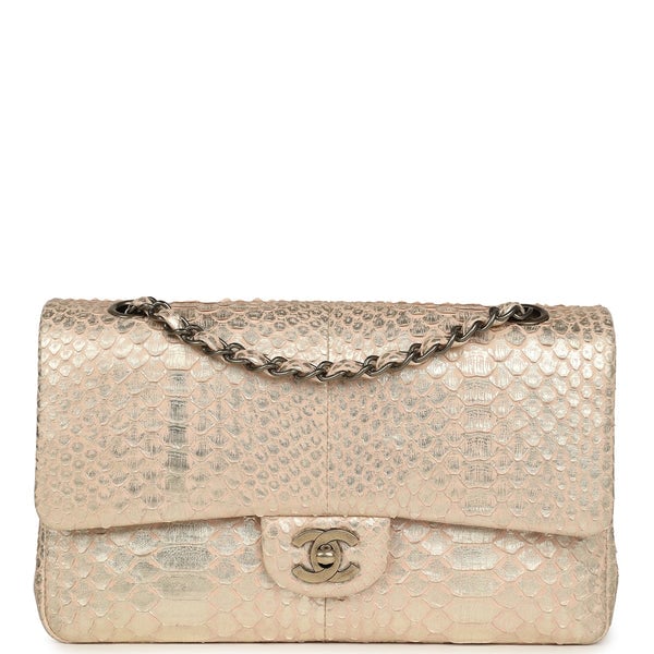 Pre-owned Chanel Medium Classic Double Flap Bag Blush Pink, Silver Python Aged Bronze Hardware