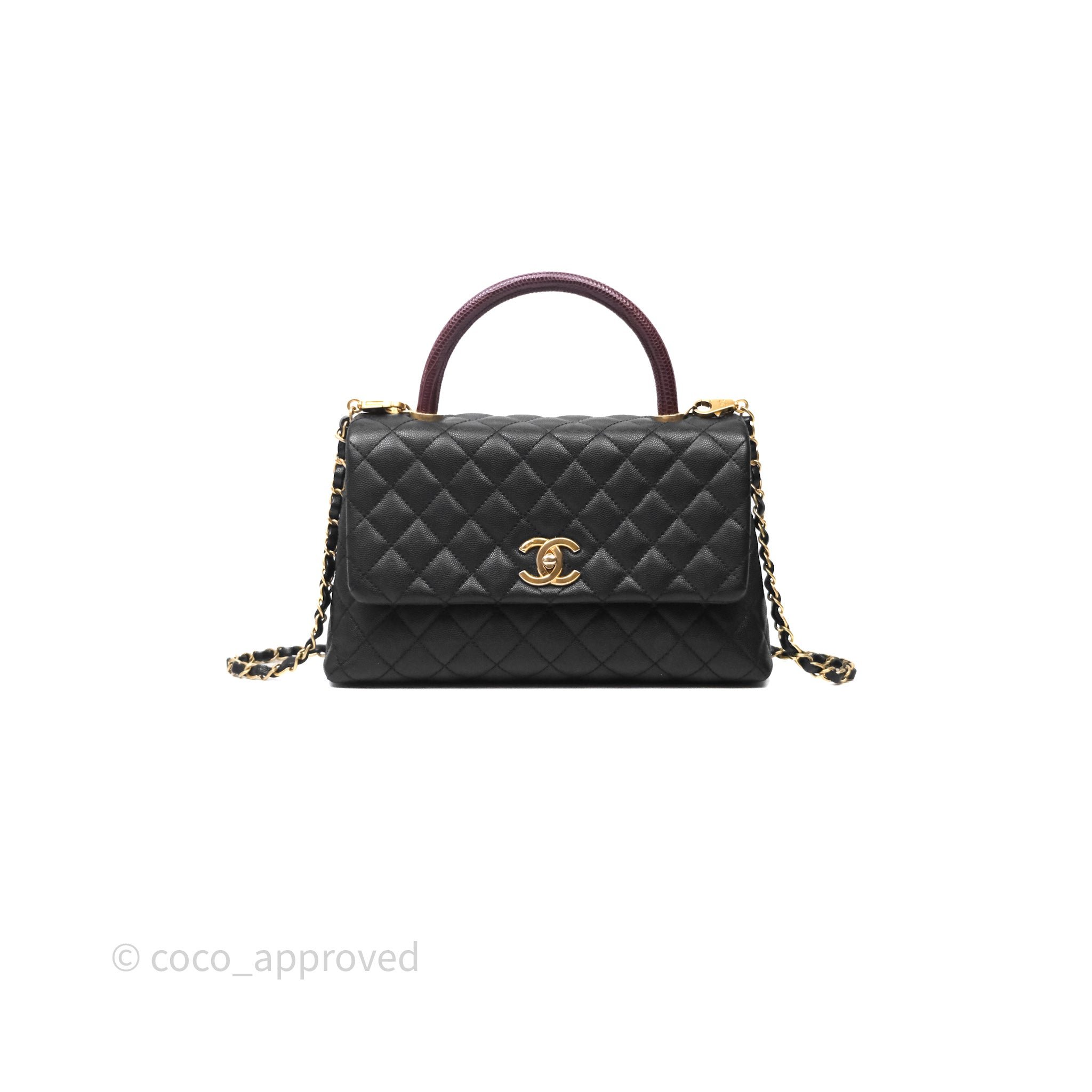 Chanel Medium Coco Handle Quilted Black Caviar Lizard Handle Aged Gold Hardware