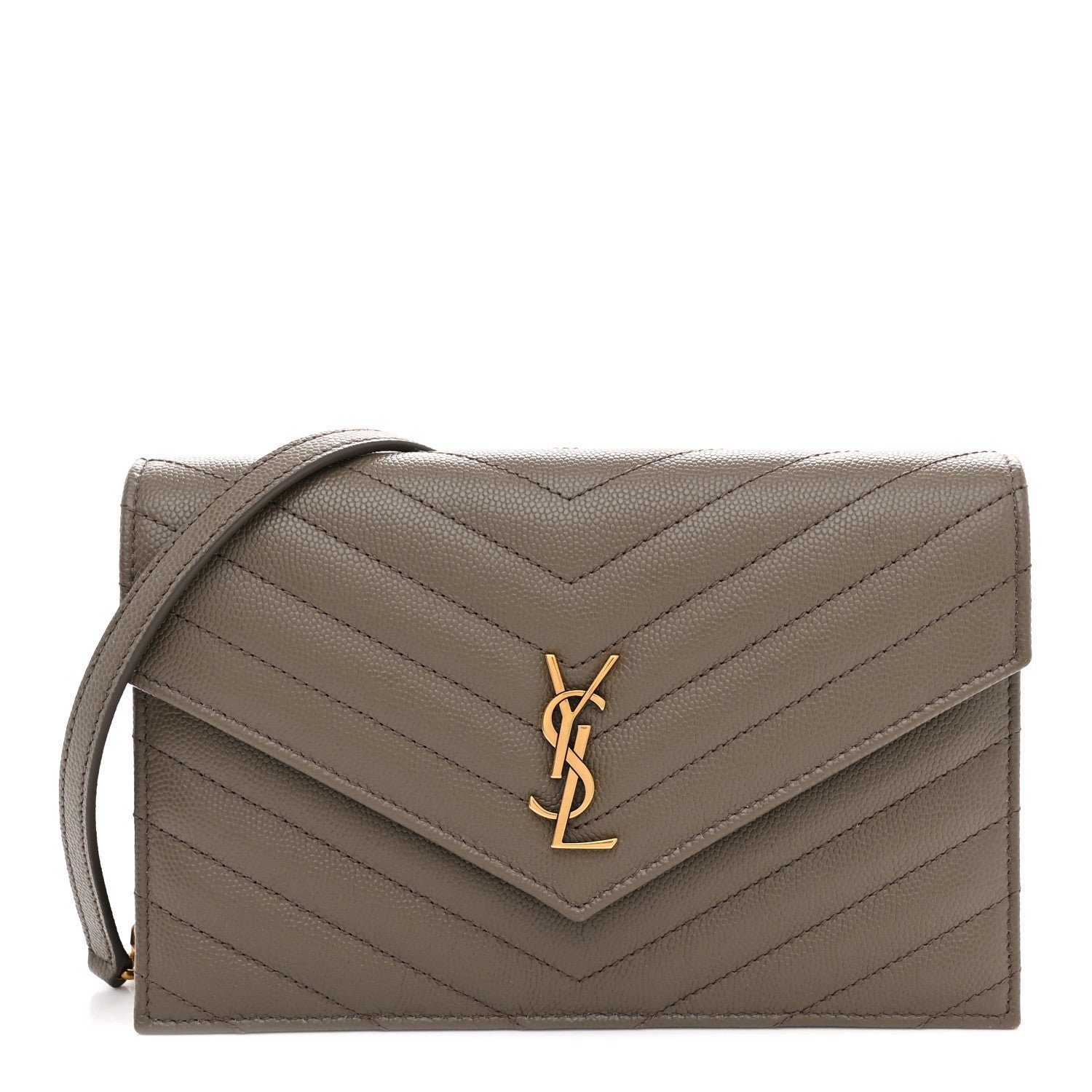 Saint Laurent Grain De Poudre Matelasse Chevron Monogram Envelope Chain Wallet Light Taupe