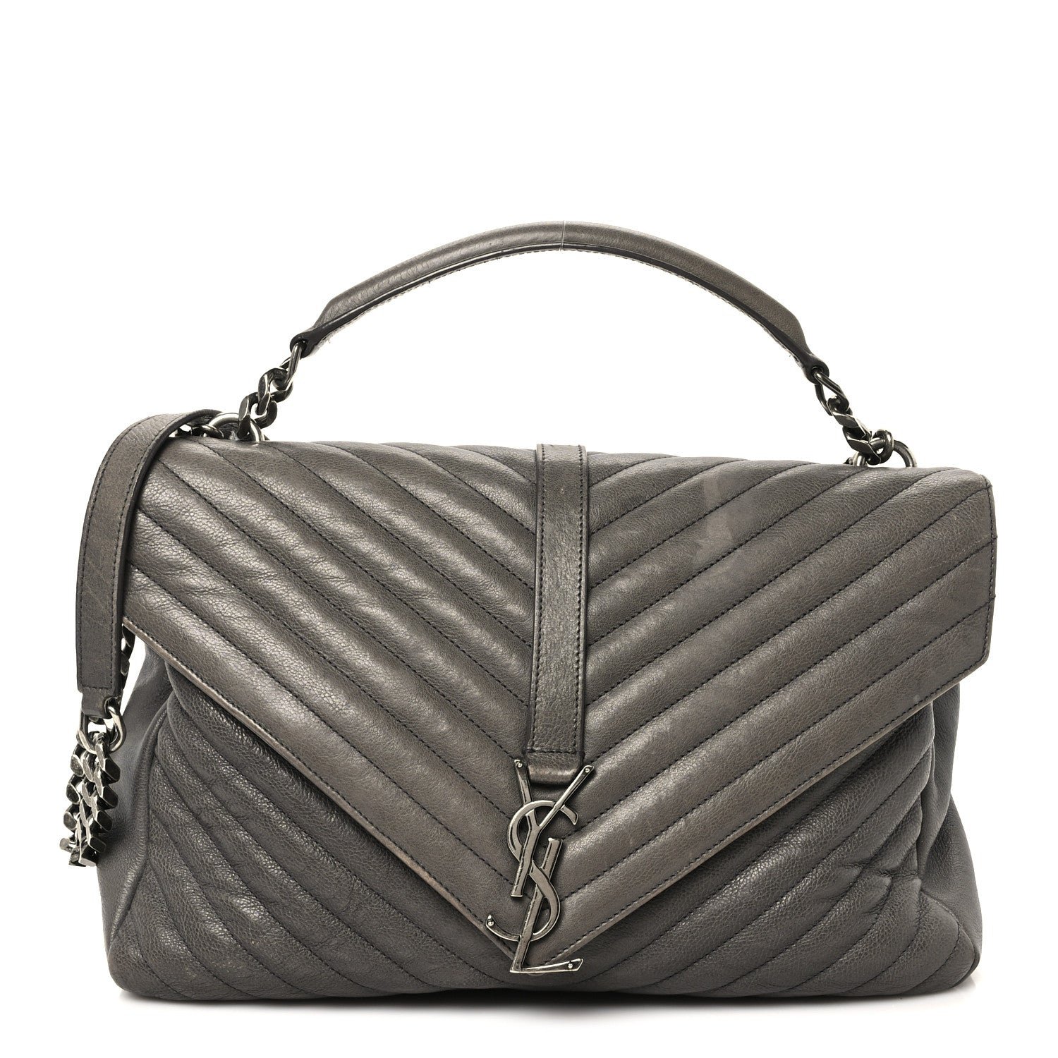 Saint Laurent Sheepskin Matelasse Chevron Monogram Large College Satchel Light Coal