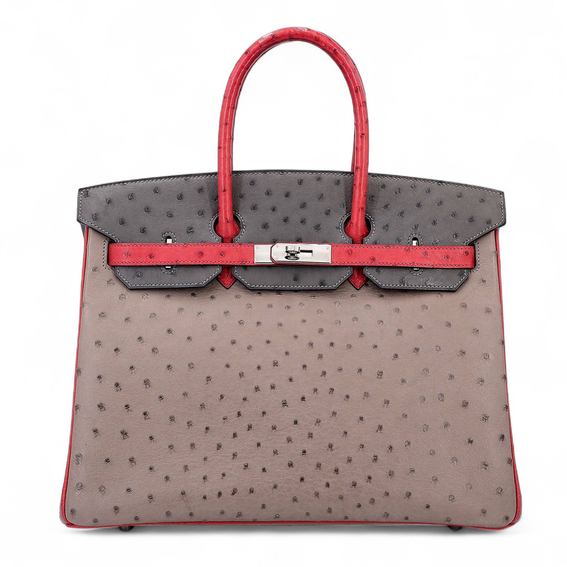 Hermes Very Good ( Rank A) HERMÈS Birkin 35 Etoupe (18) Rouge Vif (53) Plomb (8P) Ostrich Palladium hardware Square L (2008)