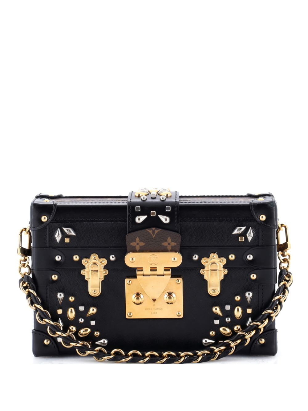 Louis Vuitton Petite Malle Handbag Studded Taiga Leather and Monogram Canvas crossbody bag