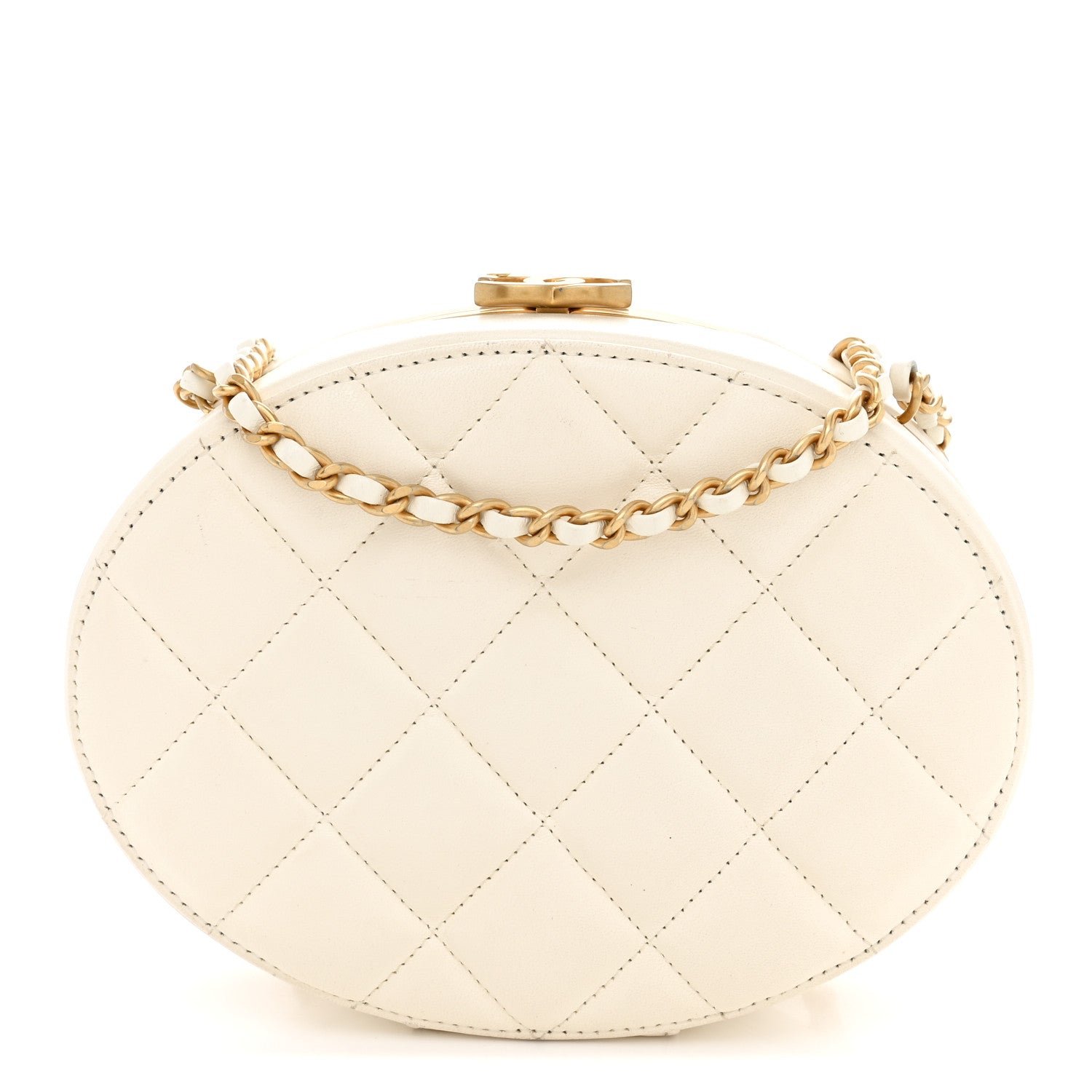 Chanel Lambskin Round Clutch With Chain White
