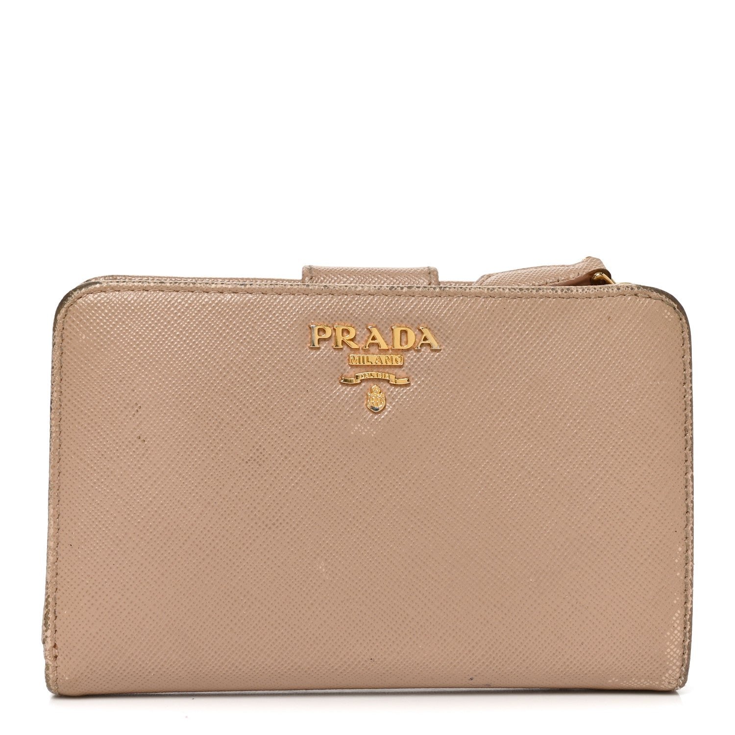 Prada Saffiano Metal Compact Zip Around Wallet Cammeo