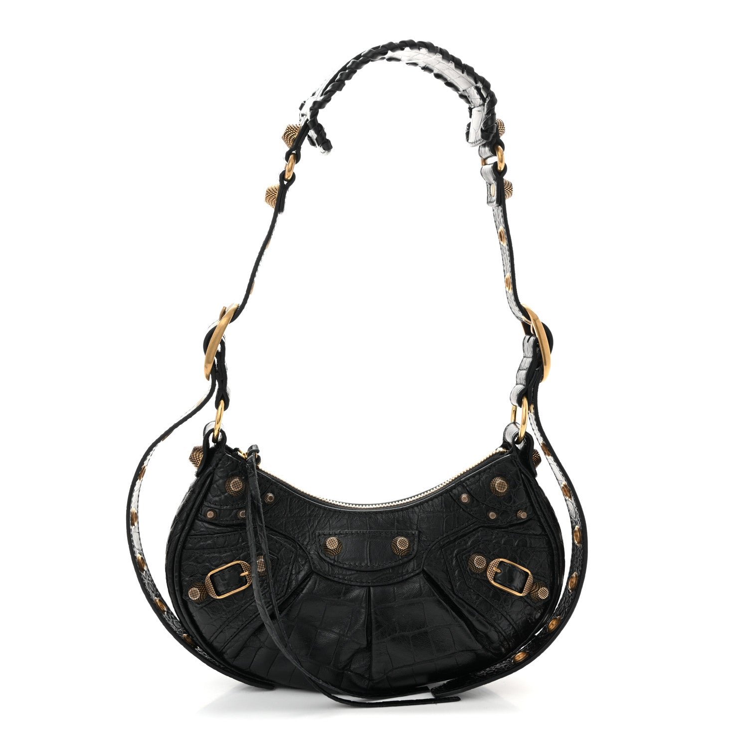 Balenciaga Extra Supple Calfskin Crocodile Embossed Le Cagole Shoulder Bag XS Black