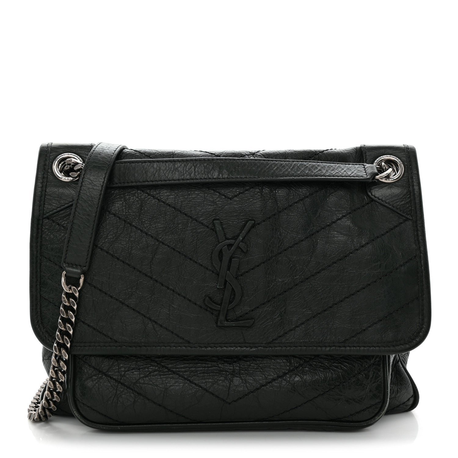 Saint Laurent Crinkled Lambskin Matelasse Monogram Medium Niki Chain Satchel Dark Green