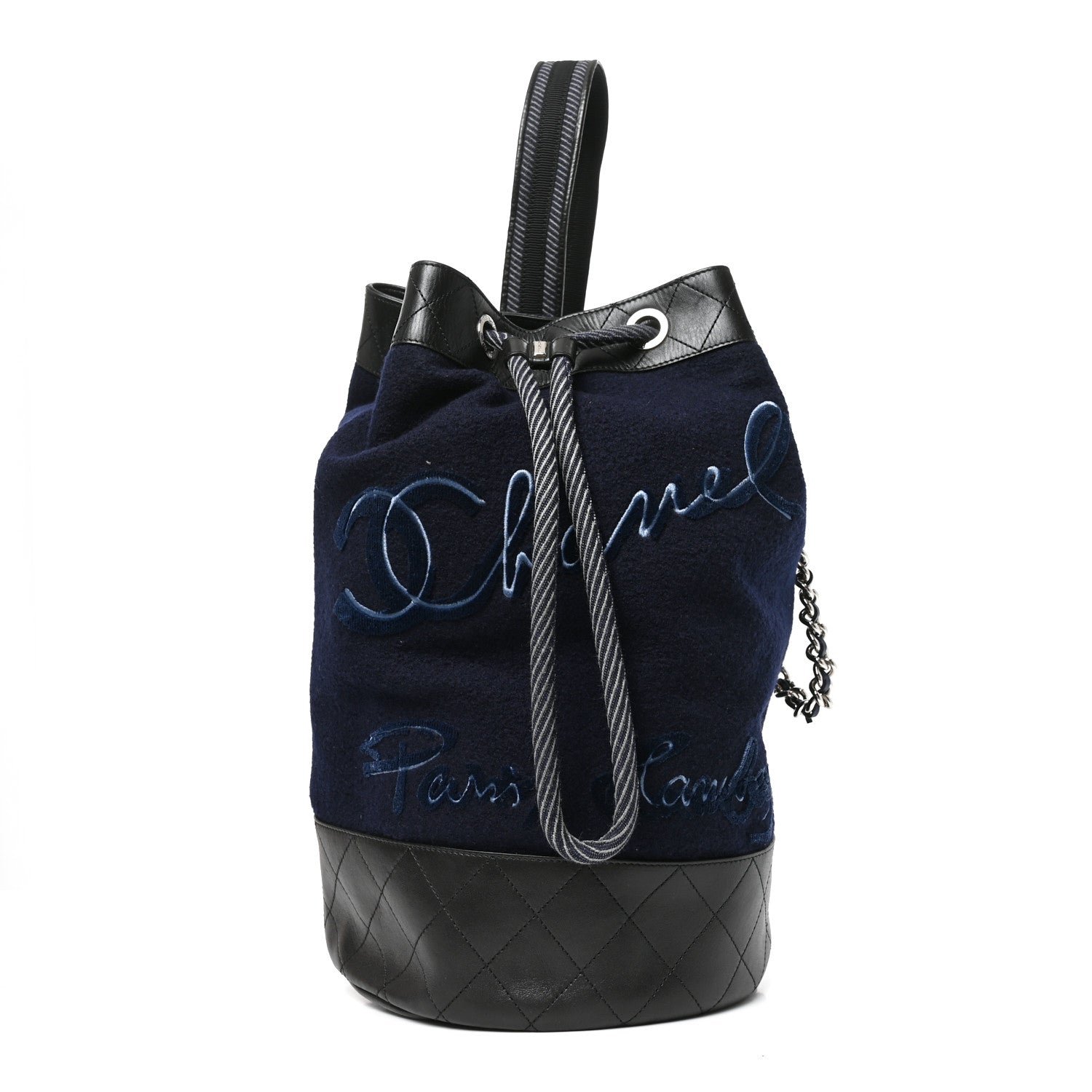 Chanel Wool Calfskin Embroidered Paris Hamburg Drawstring Backpack Navy Blue