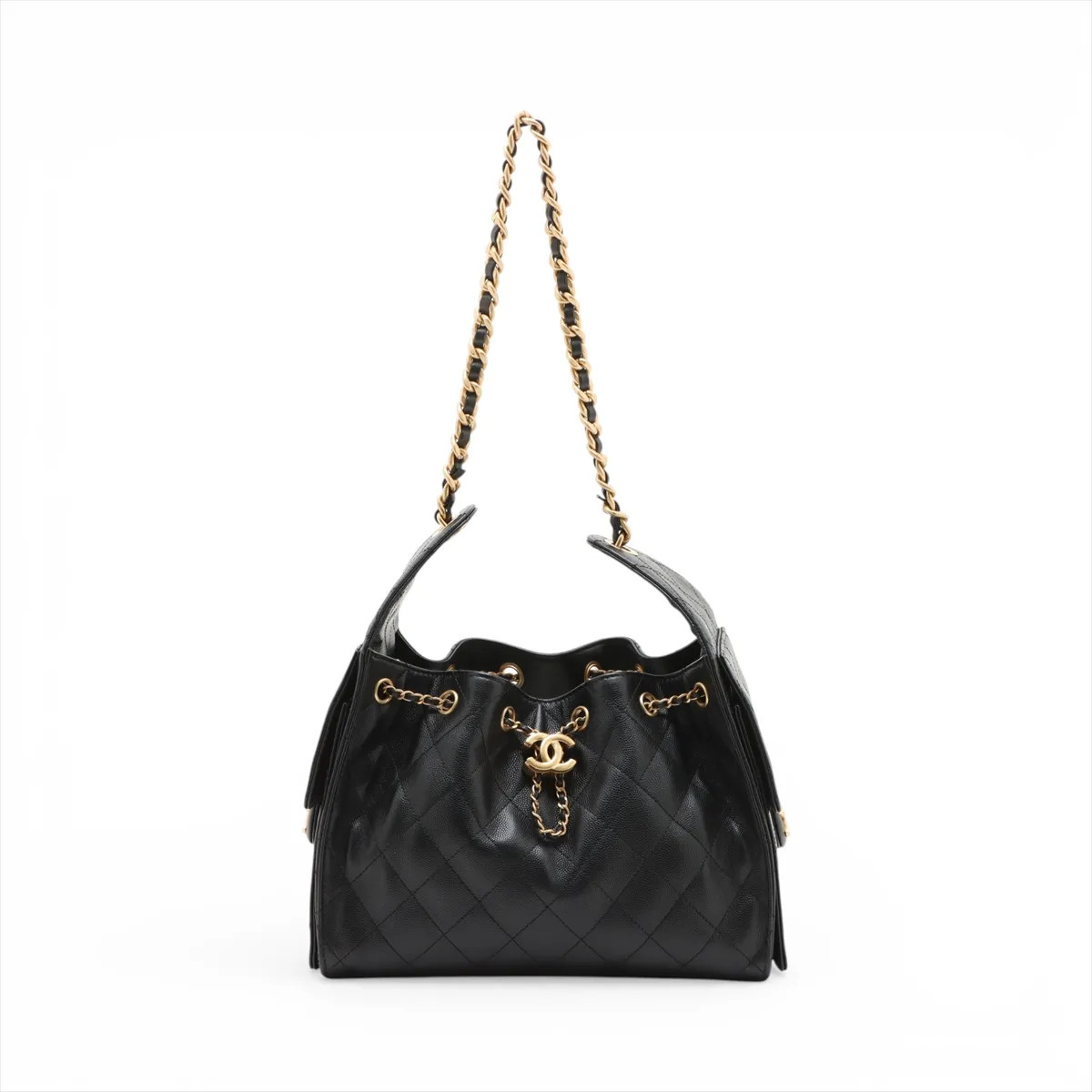 Chanel Chanel 25 Small Caviar Skin Chain Shoulder Bag Black Gold Metal Fittings