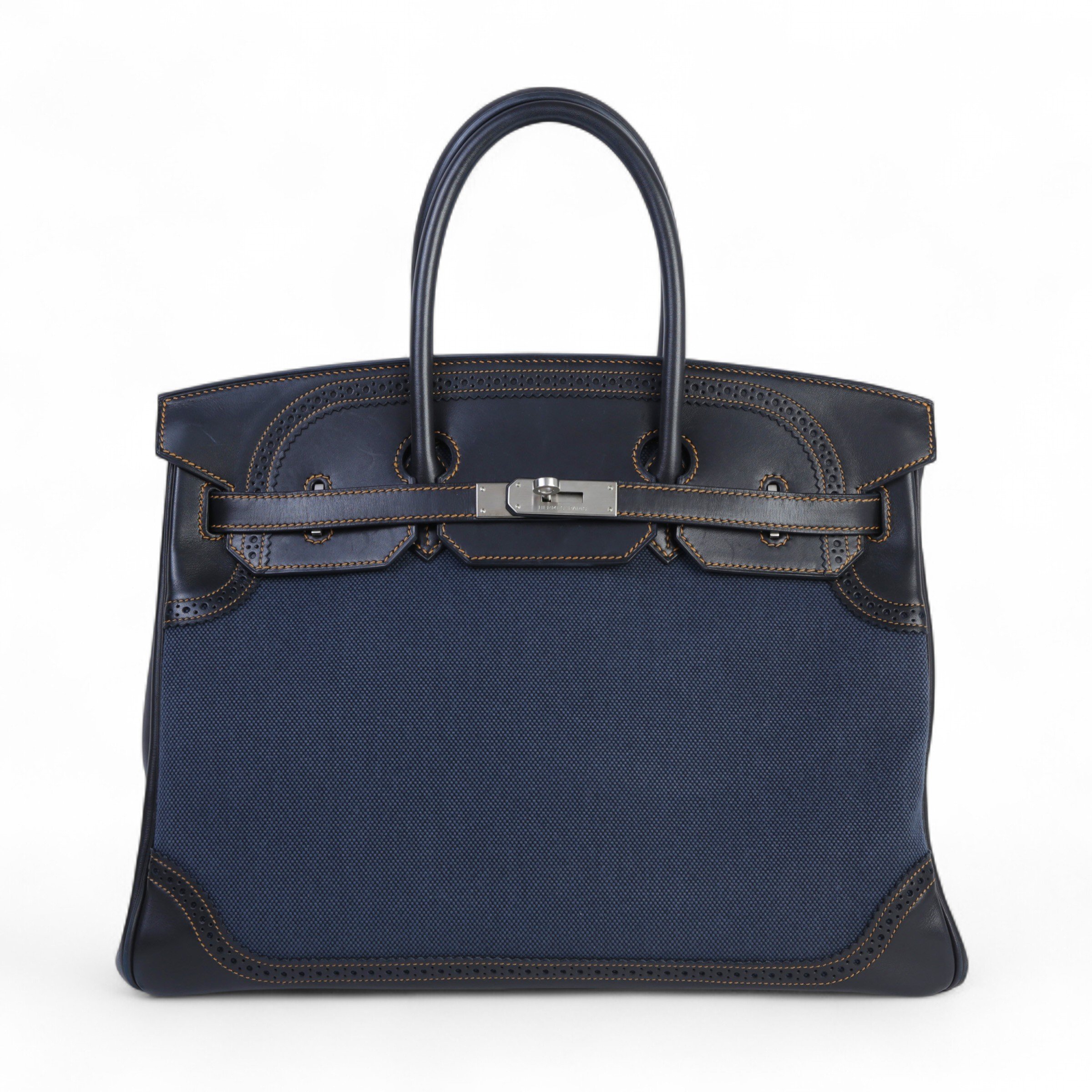 Hermes Very Good ( Rank A) HERMÈS Birkin Ghillies 35 Noir (89) Denim Fonce Evercalf Toile H canvas Brushed Palladium Square P (2012)