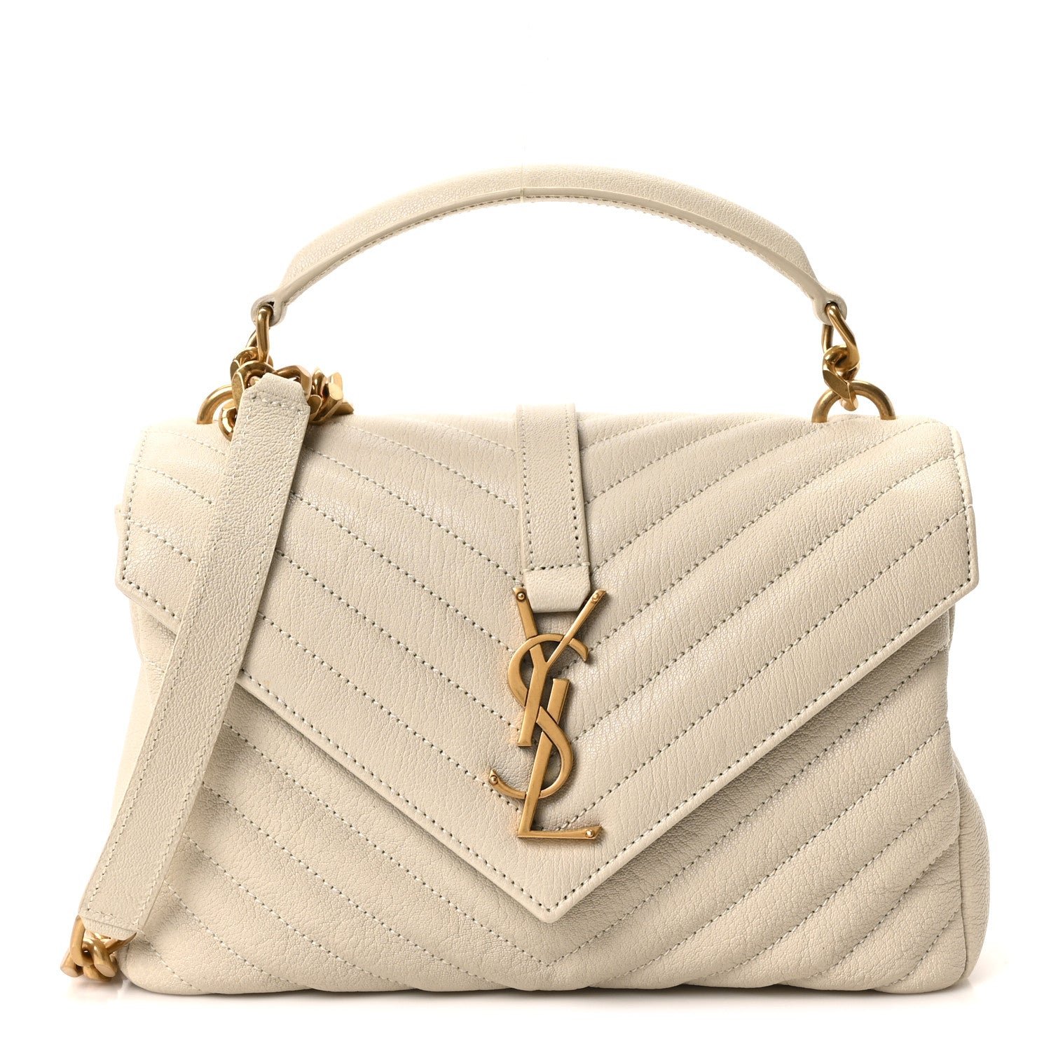 Saint Laurent Sheepskin Matelasse Chevron Monogram Medium College Bag Crema Soft