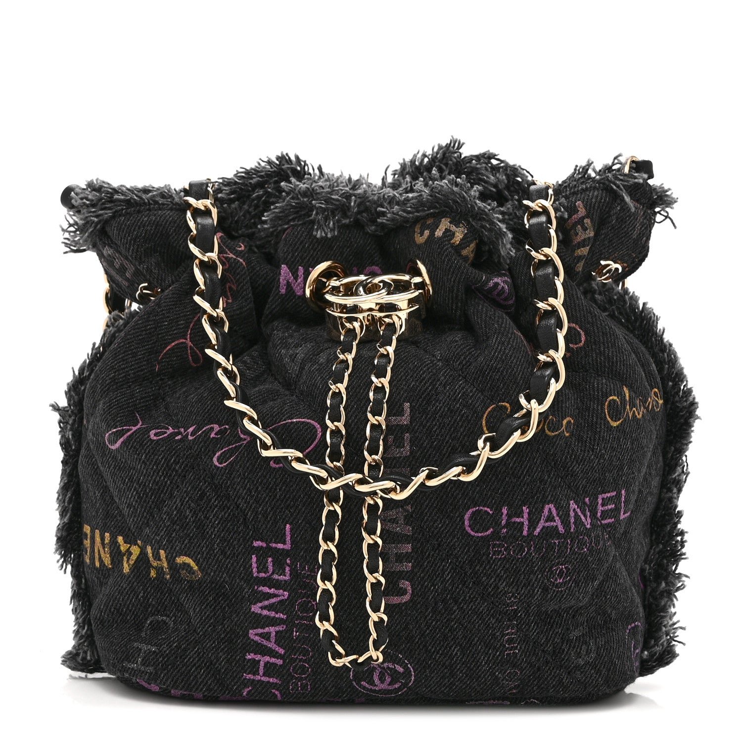 Chanel Denim Quilted Mood Small Bucket With Chain Black Multicolor