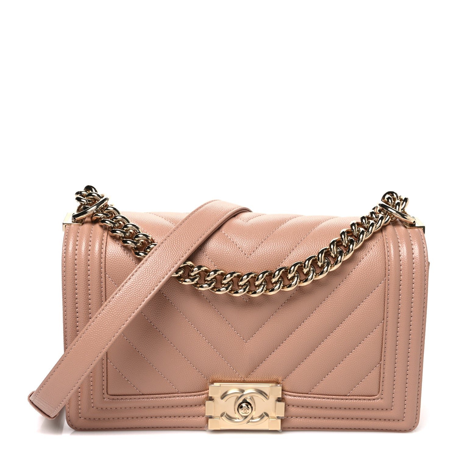Chanel Caviar Chevron Quilted Medium Boy Flap Beige