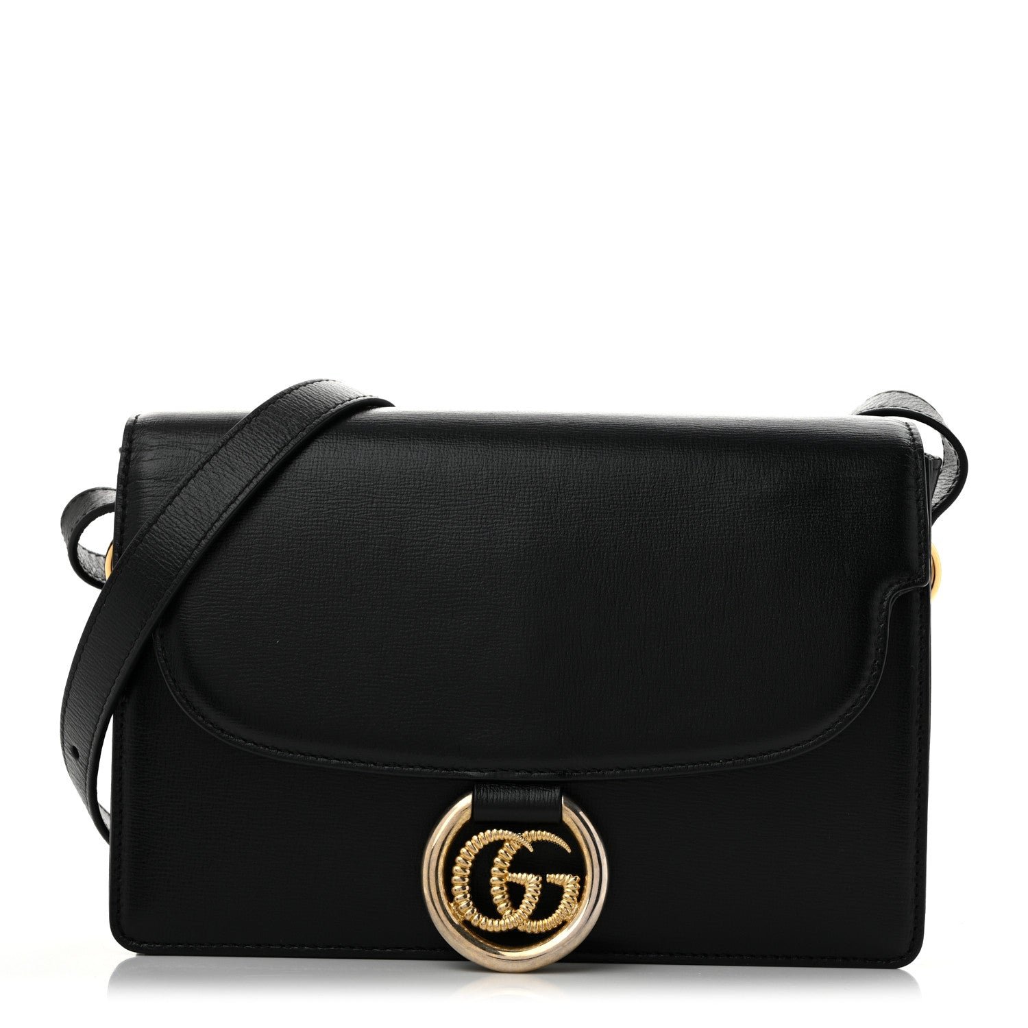 Gucci Textured Calfskin Small Torchon GG Ring Shoulder Bag Black
