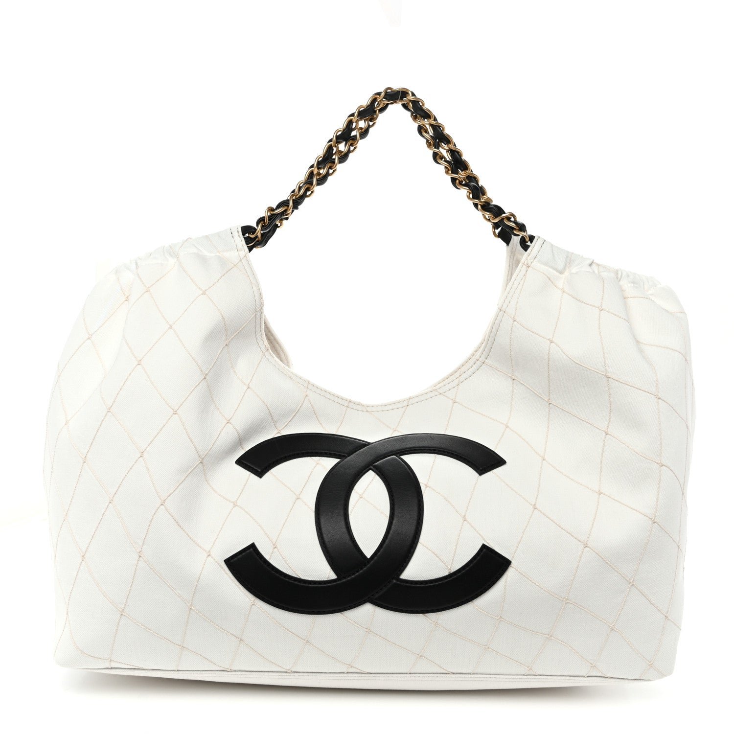 Chanel Denim Calfskin Quilted Coco Beach Small Shopping Tote White Black