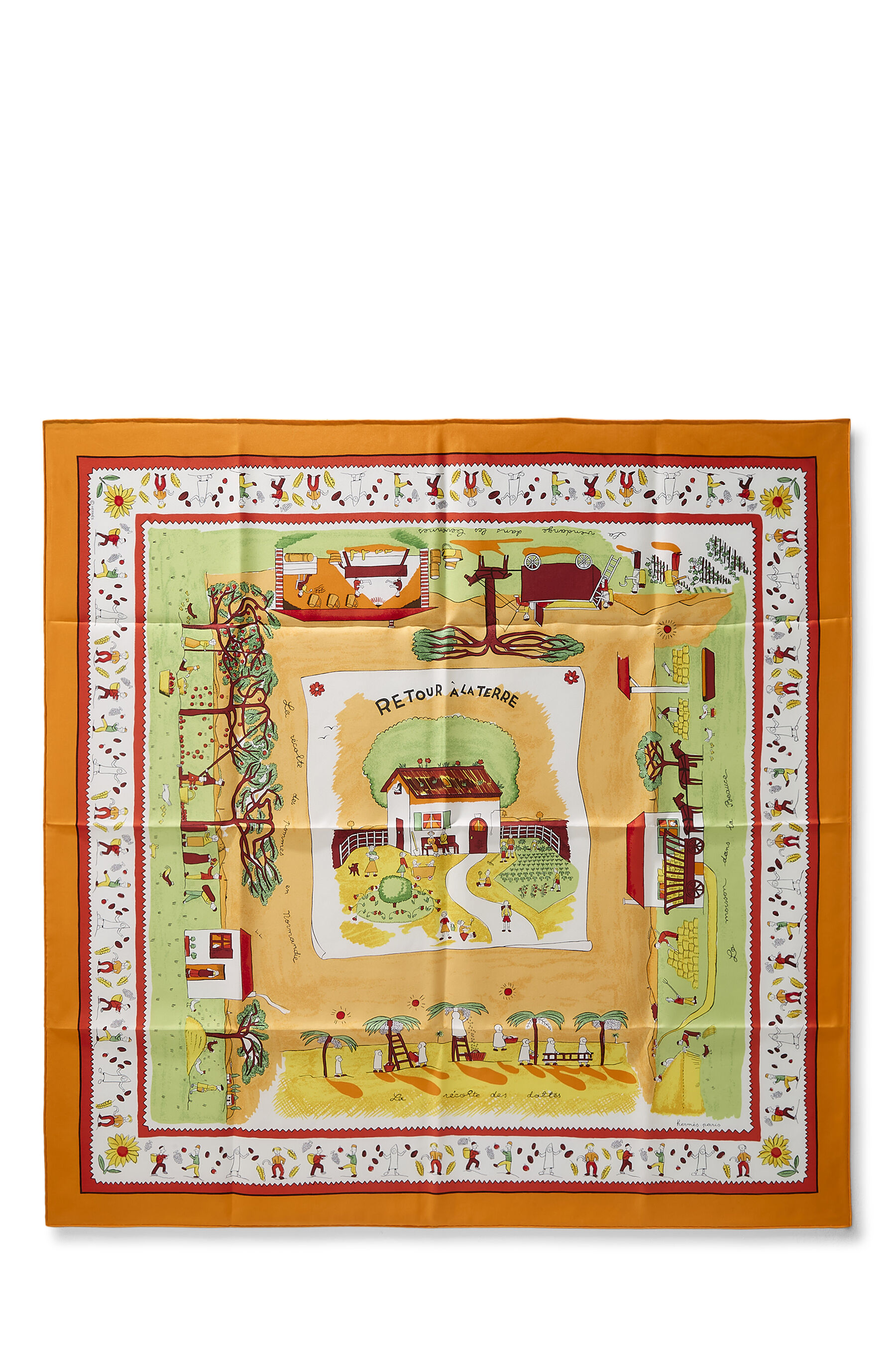 Hermès Orange & Multicolor 'Retour A La Terre' Silk Scarf 90