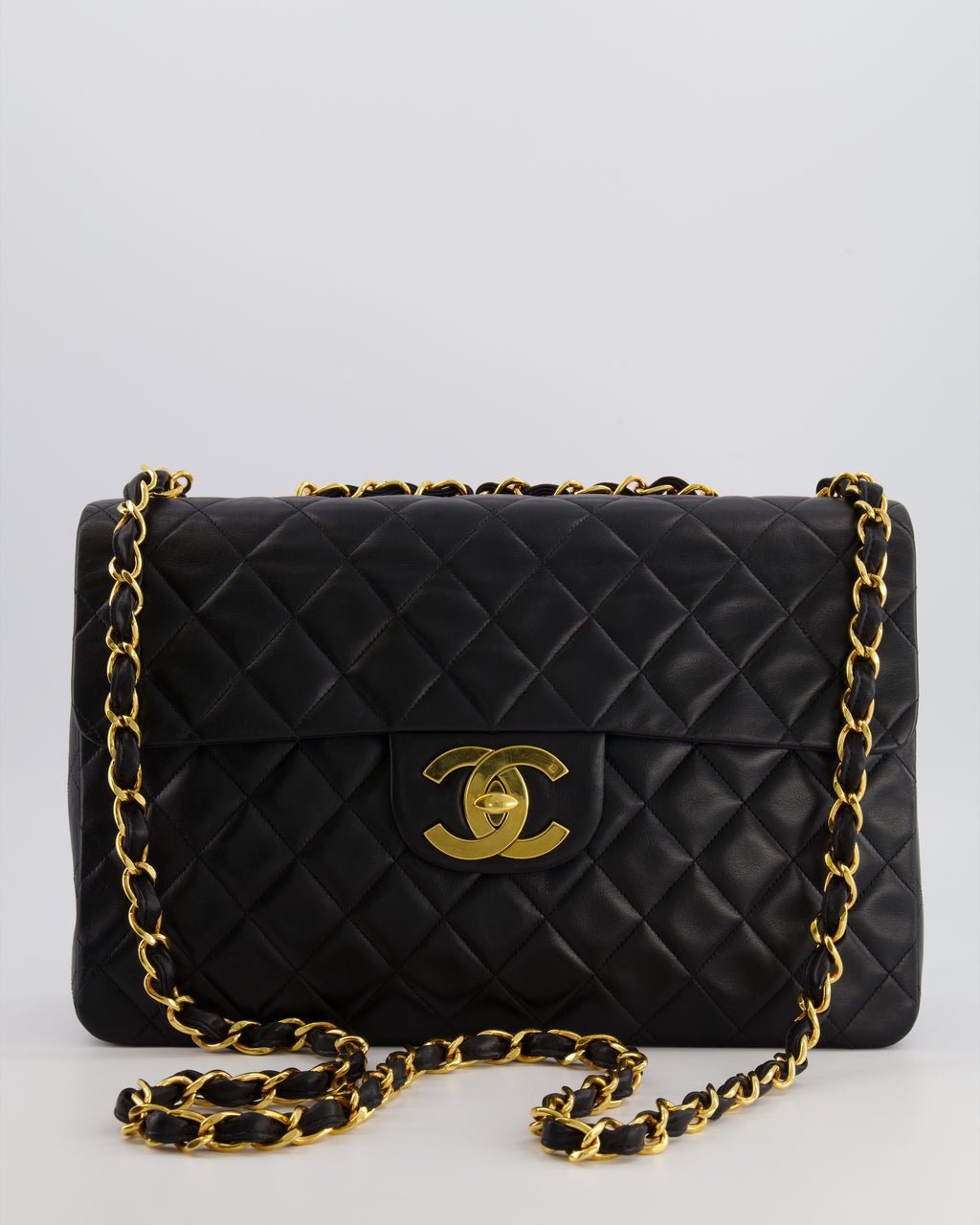 Chanel Vintage XL Maxi Single Flap Bag in Black Lambskin Leather with 24K Gold Hardware