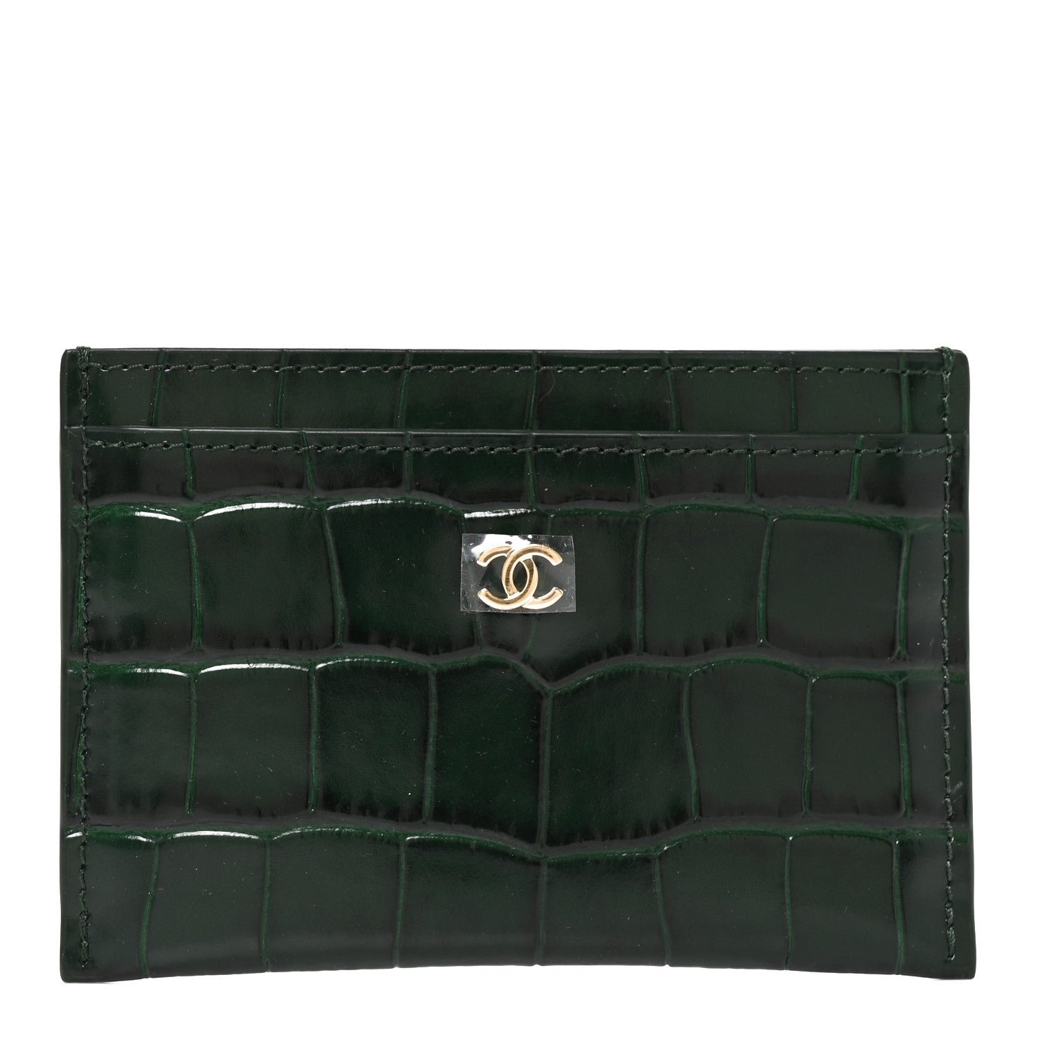 Chanel Calfskin Crocodile Embossed Crococo Card Holder Emerald