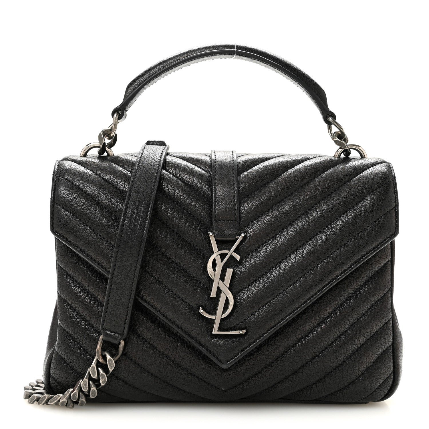 Saint Laurent Sheepskin Matelasse Chevron Monogram Medium College Bag Black
