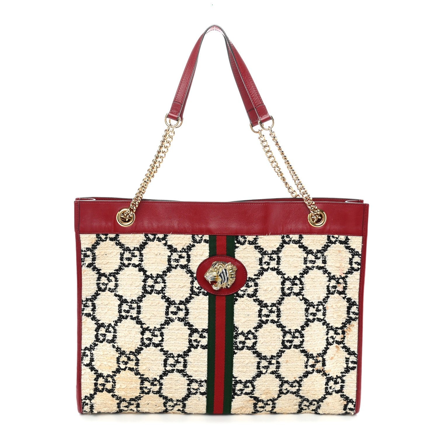 Gucci Tweed GG Monogram Large Rajah Chain Tote White Black Romantic Cherry