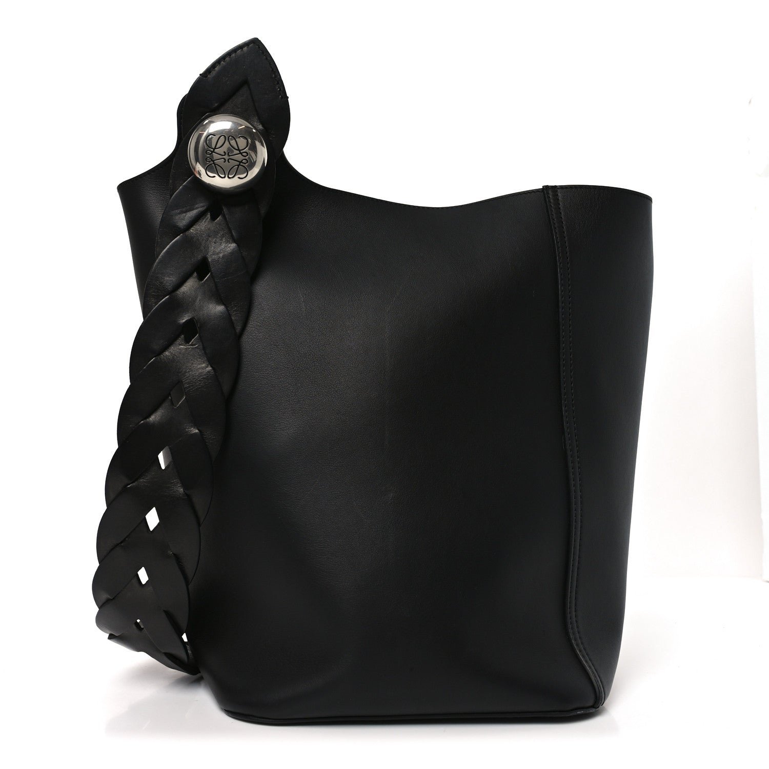 Loewe Smooth Calfski Large Woven Pebble Bucket Bag Black