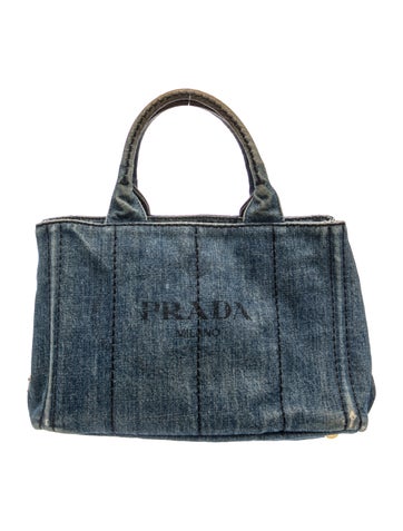 Enameled Metal Triangle Denim Canapa Small Tote Blue