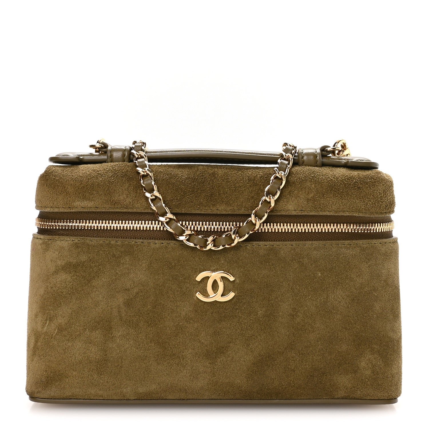Chanel Suede Calfskin Small Supple Trapeze Vanity With Chain Dark Khaki