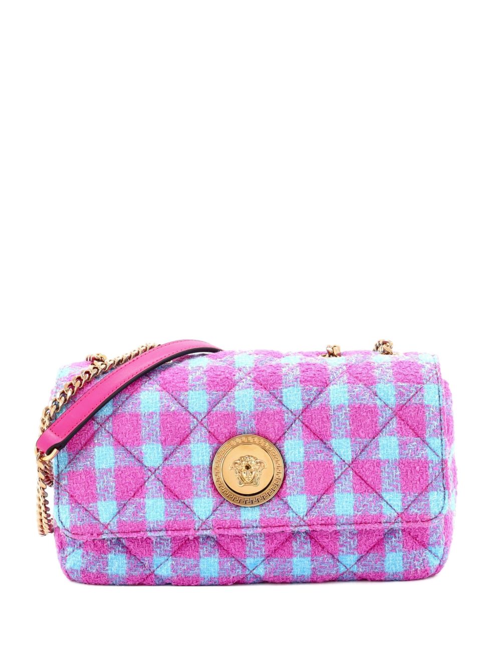 Medusa Icon Chain Flap Bag Quilted Tweed East West shoulder bag