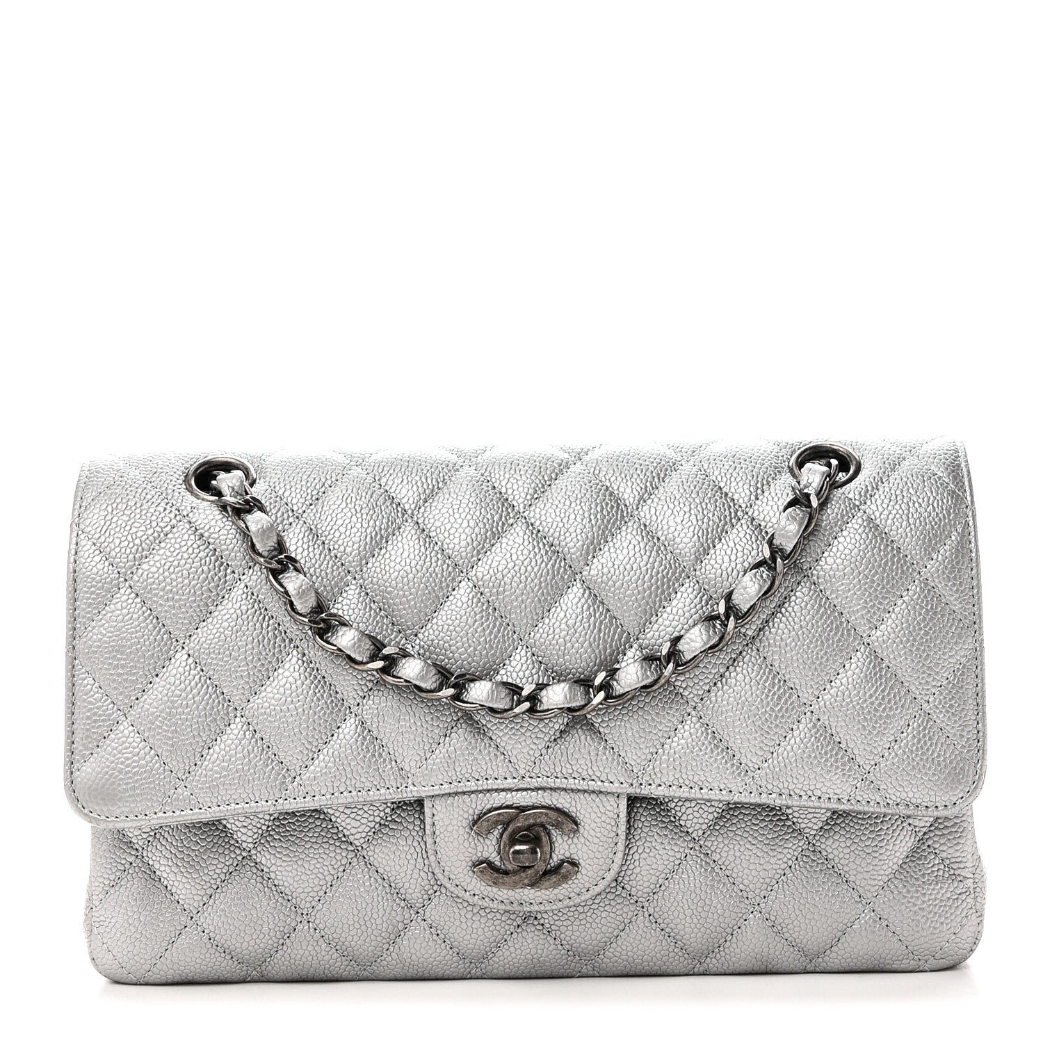 Chanel Metallic Caviar Quilted Medium Double Flap Silvery